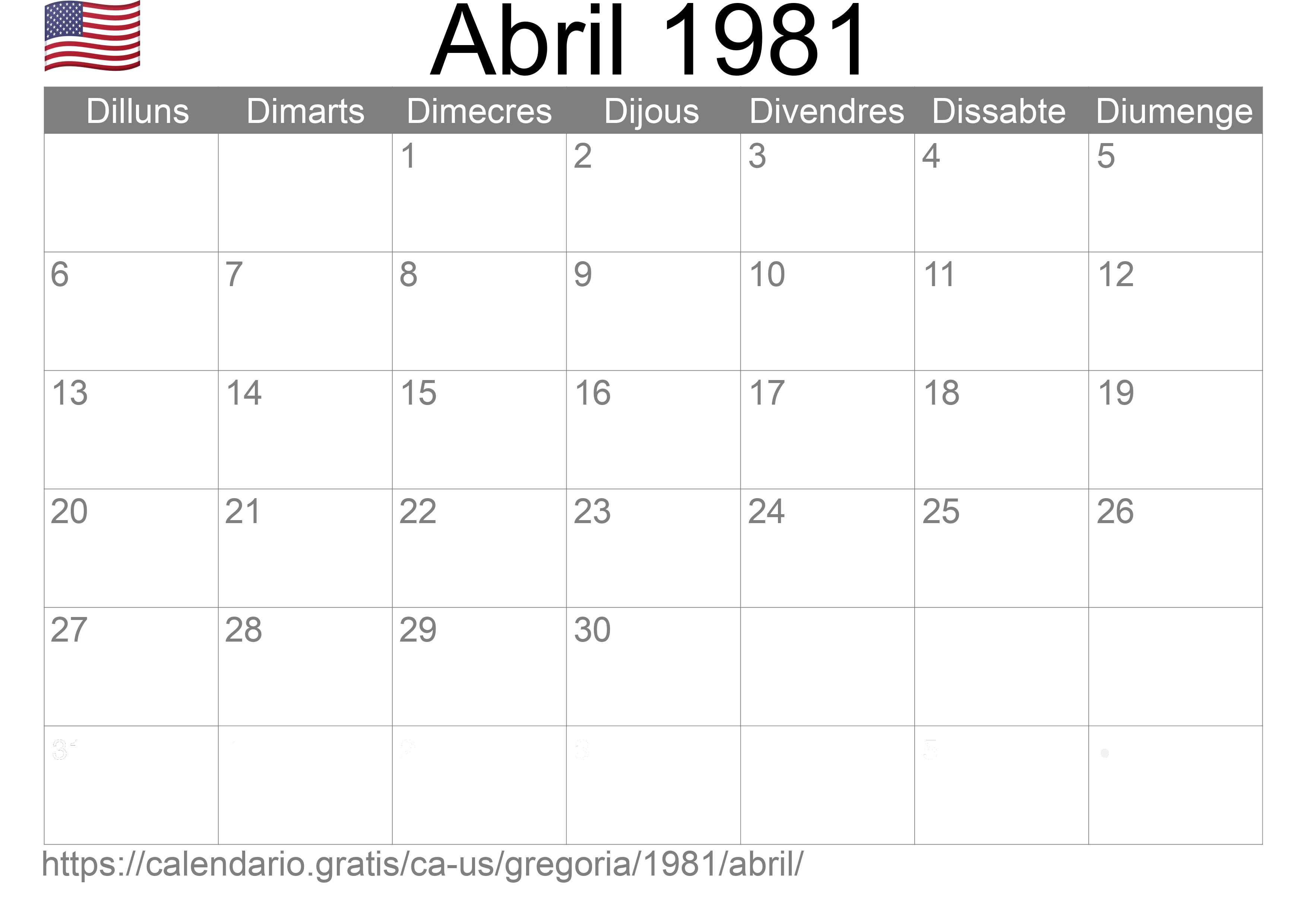 Calendari Abril 1981 per imprimir