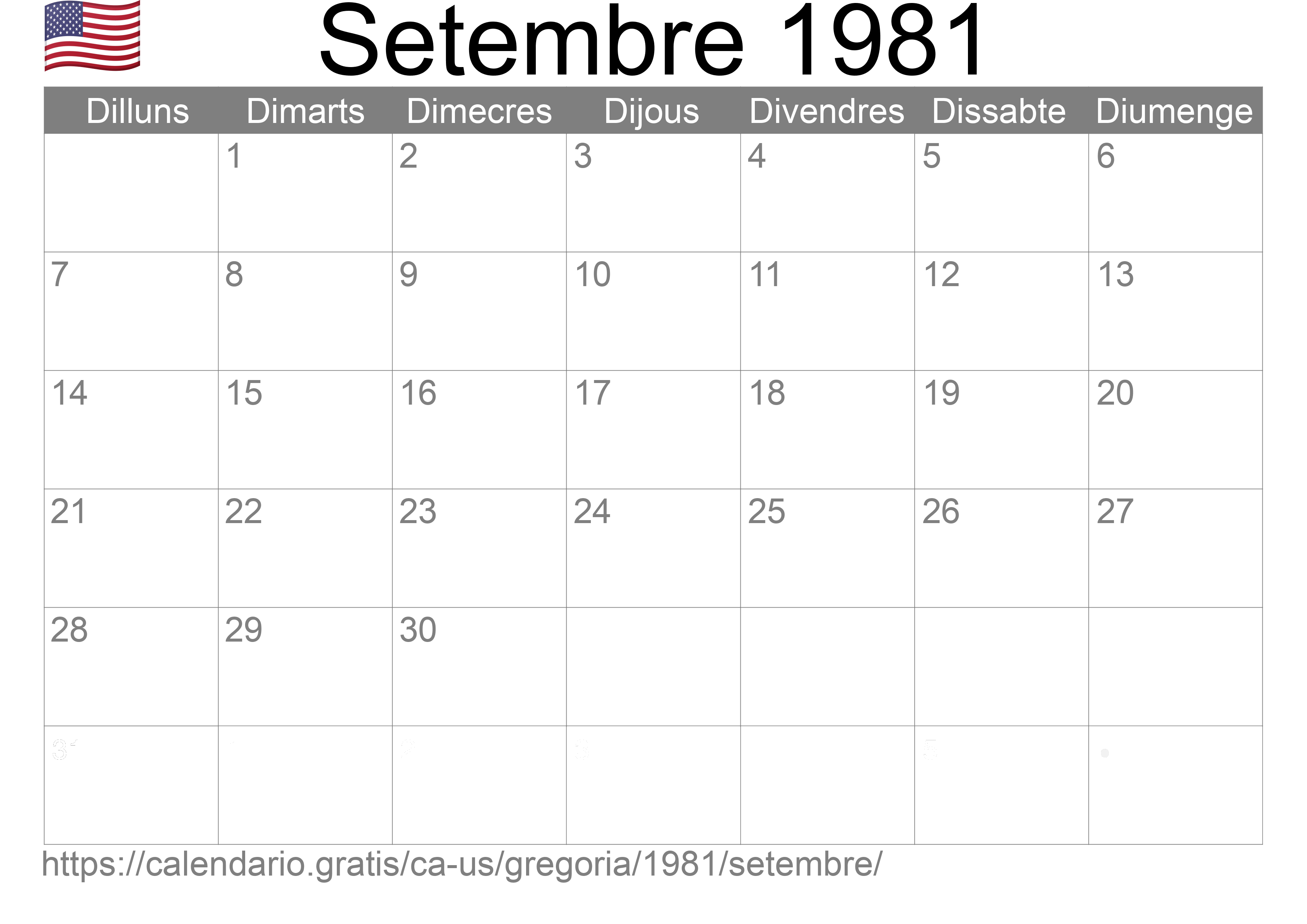 Calendari Setembre 1981 per imprimir