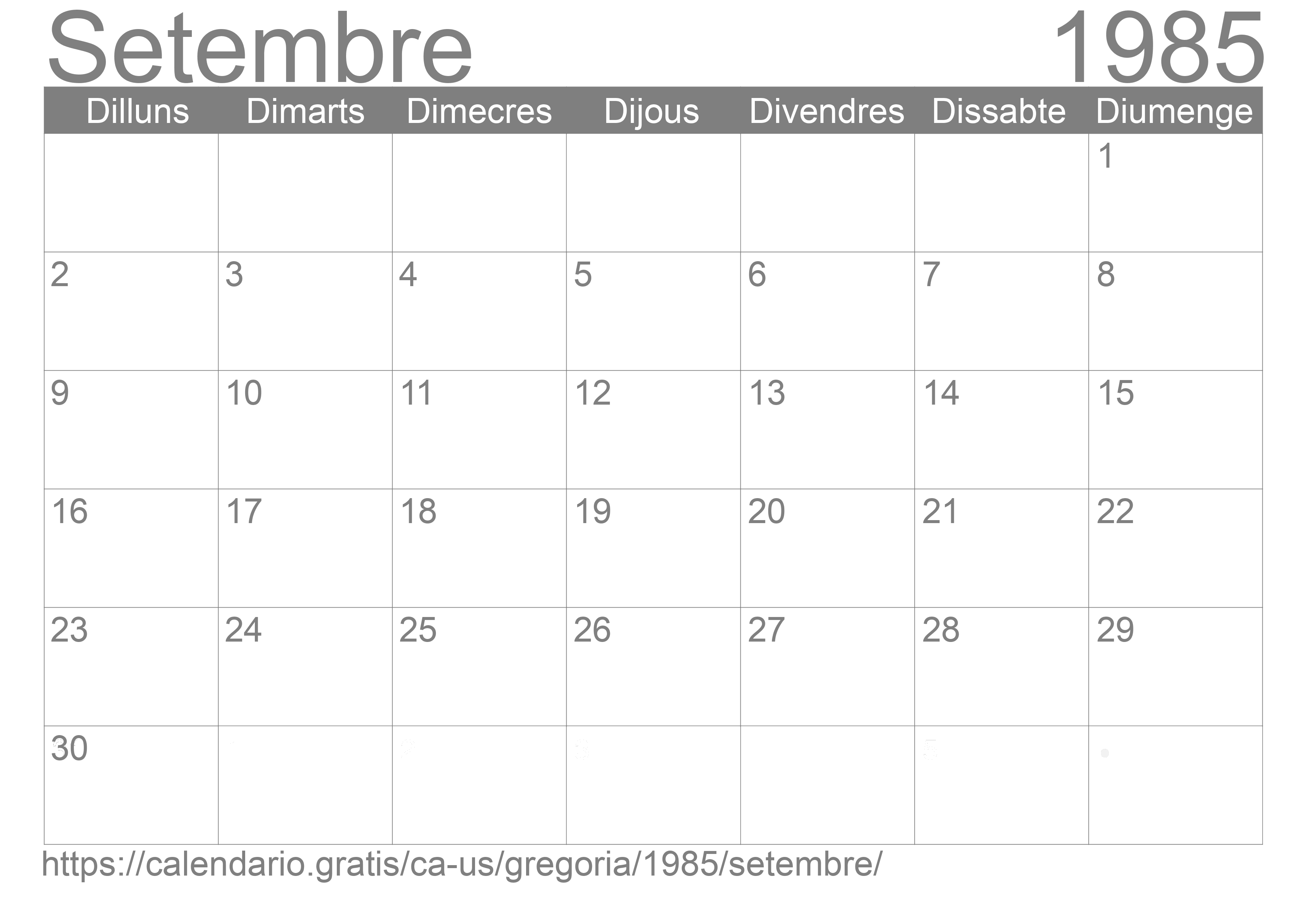 Calendari Setembre 1985 per imprimir