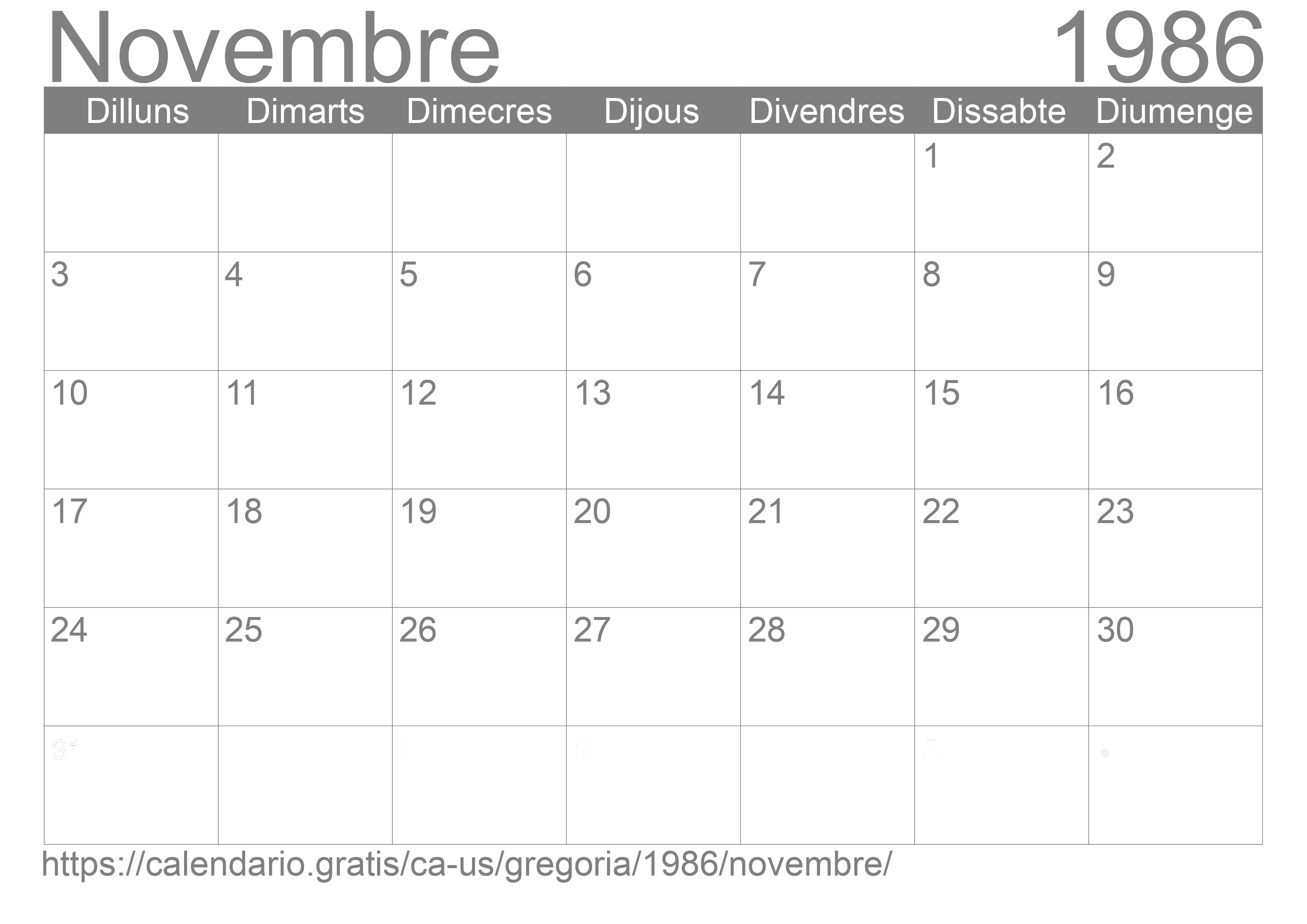Calendari Novembre 1986 per imprimir