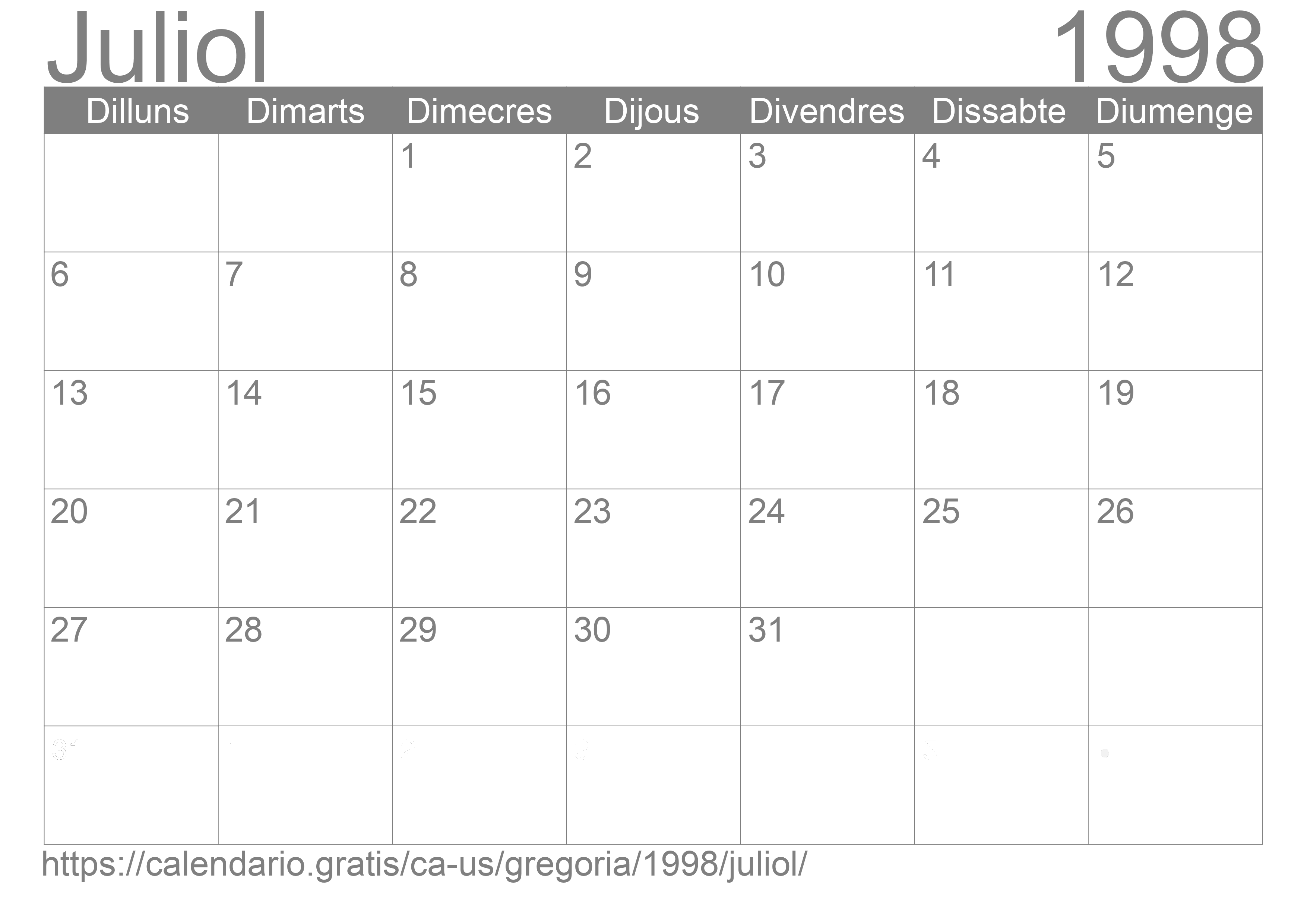 Calendari Juliol 1998 per imprimir