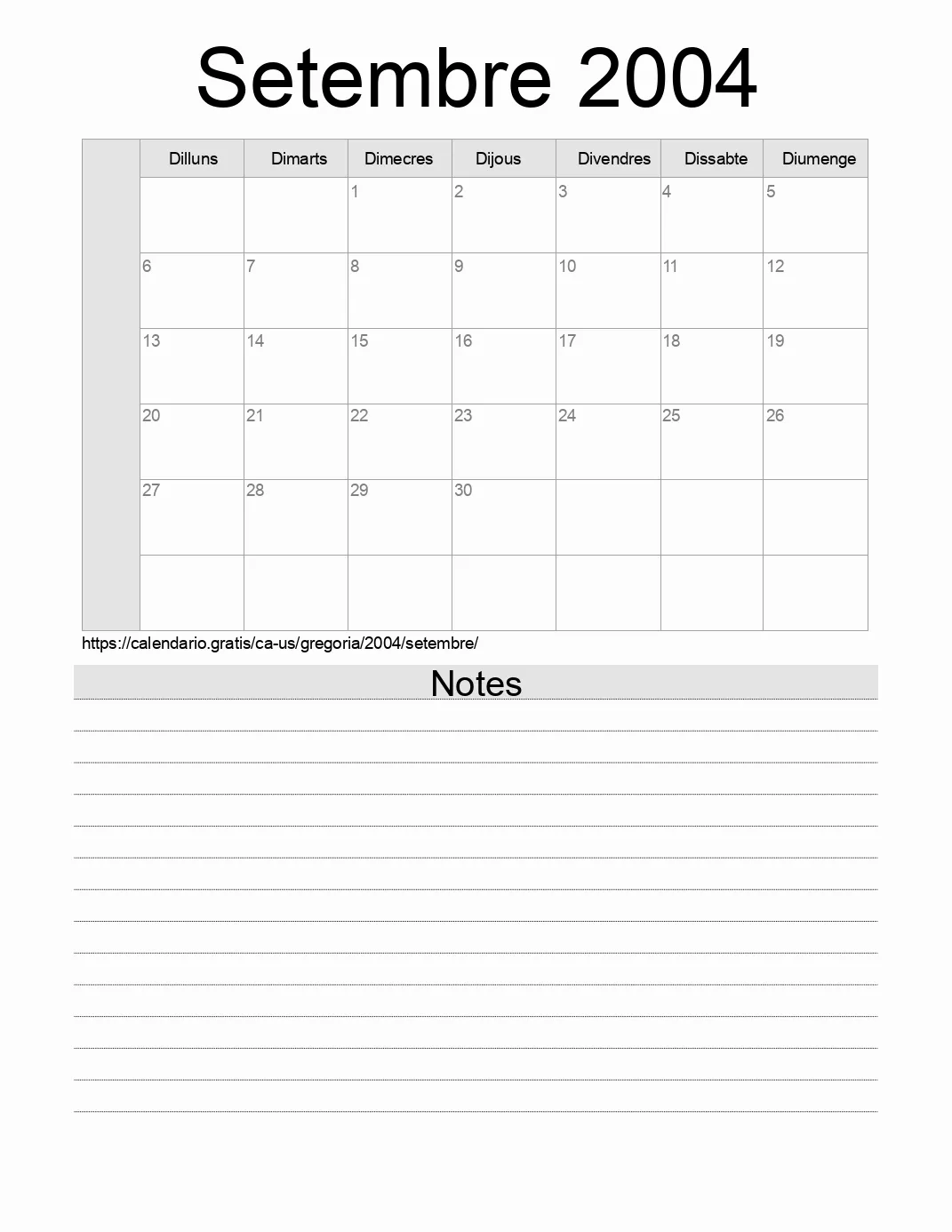 Calendari de Setembre 2004 per imprimir amb notes. (Estats Units d’Amèrica) Calendari de Setembre 2004 per imprimir amb notes. (Estats Units d’Amèrica)