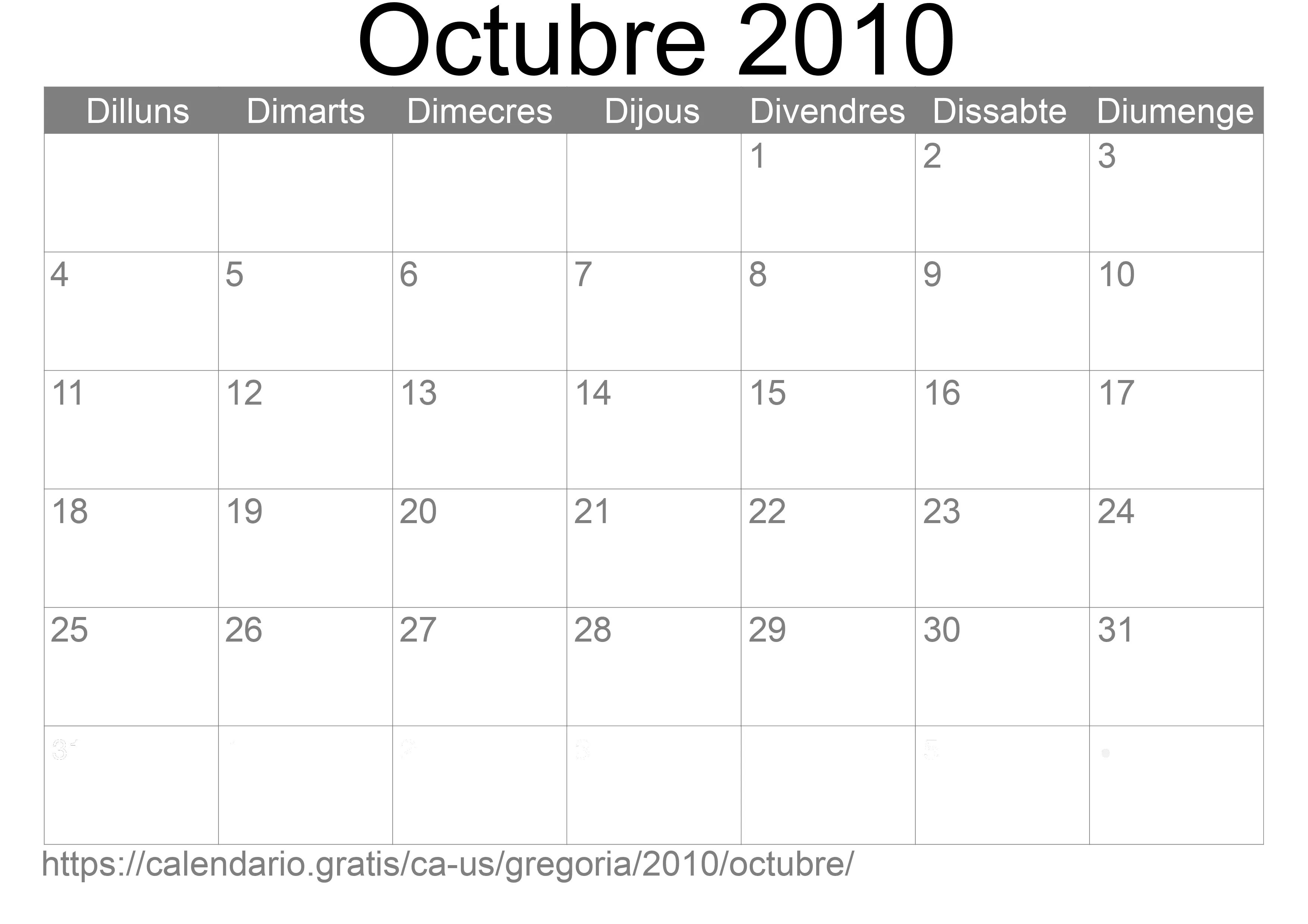 Calendari Octubre 2010 per imprimir (Estats Units d’Amèrica)