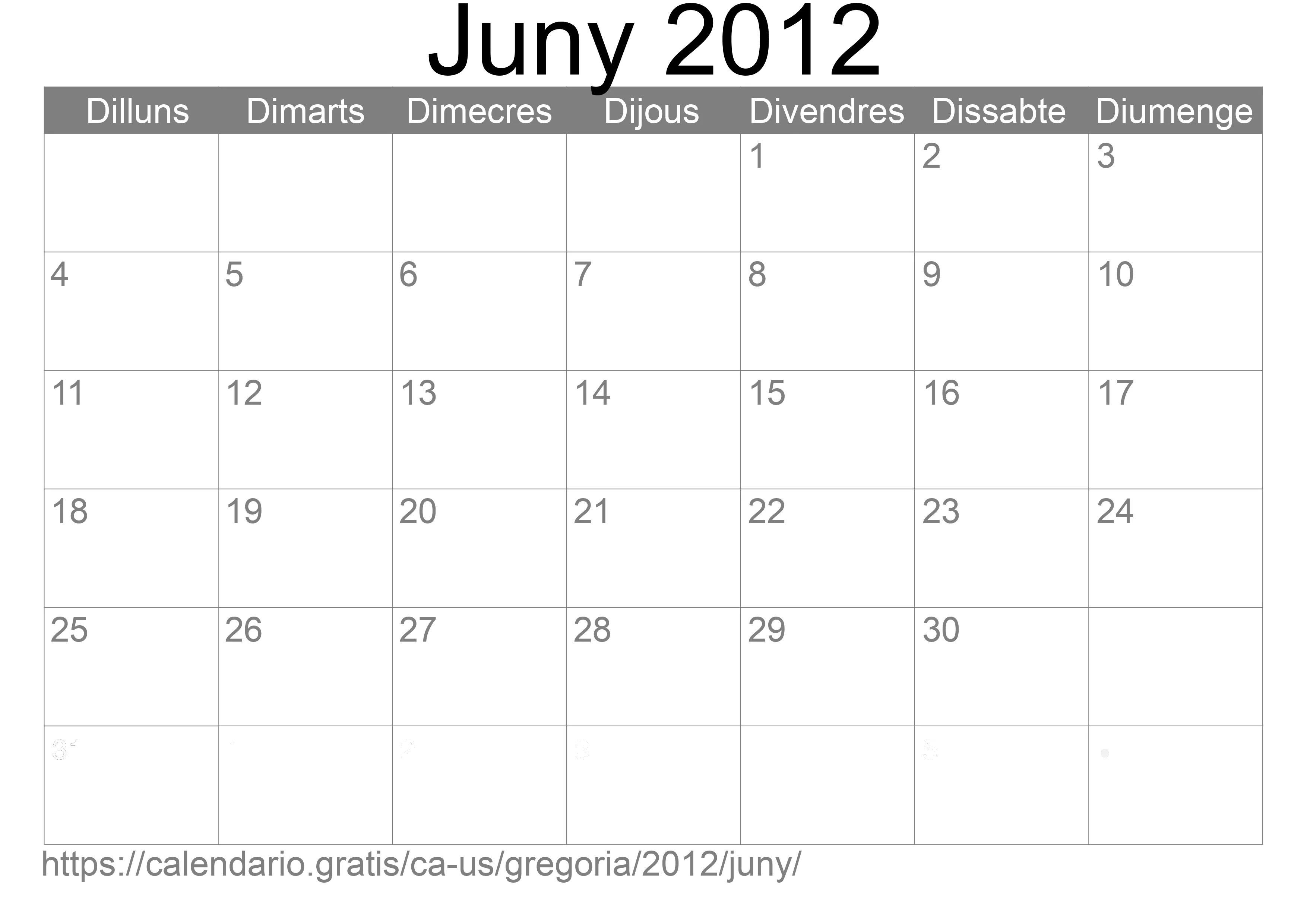 Calendari Juny 2012 per imprimir (Estats Units d’Amèrica)