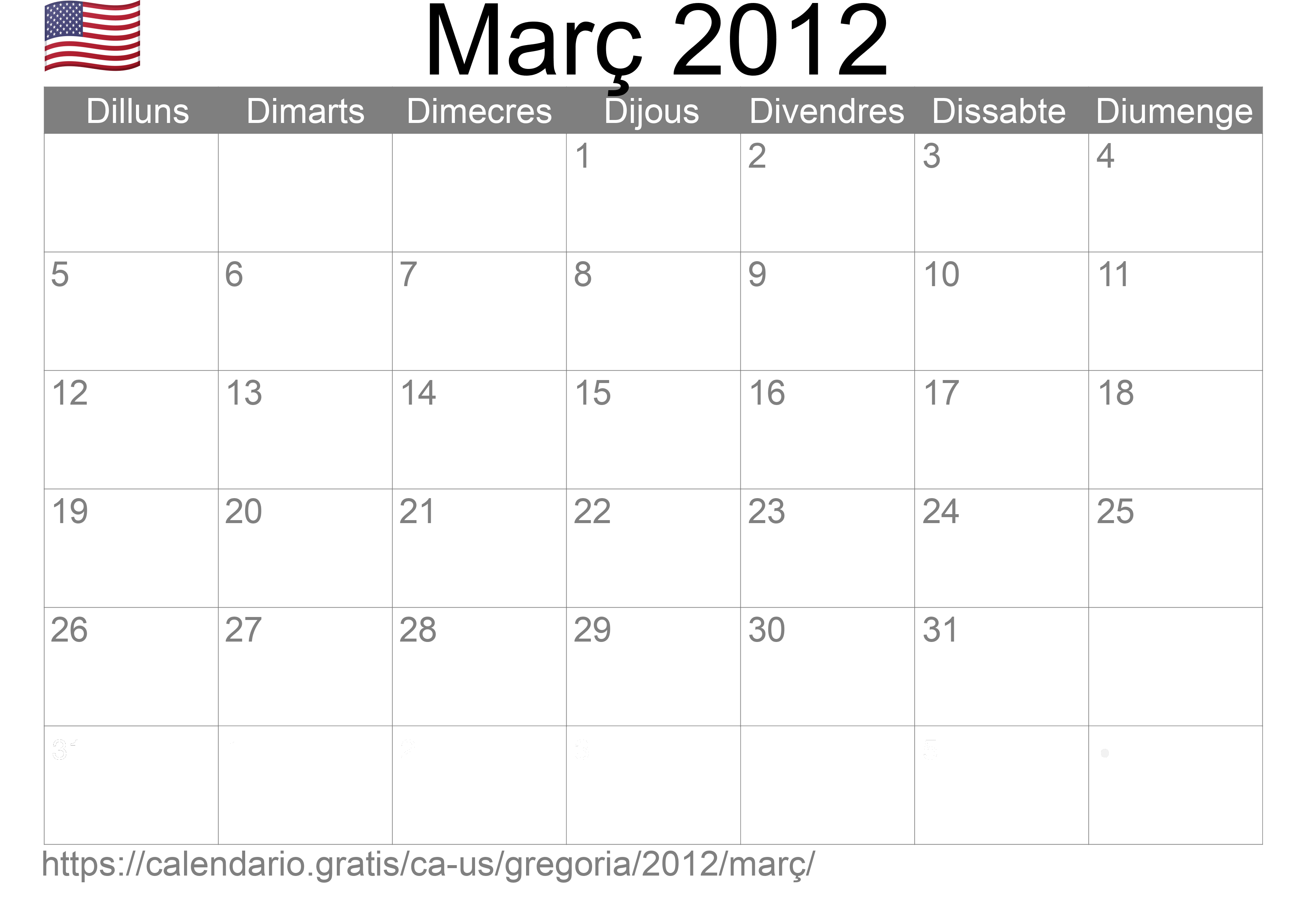 Calendari Març 2012 per imprimir