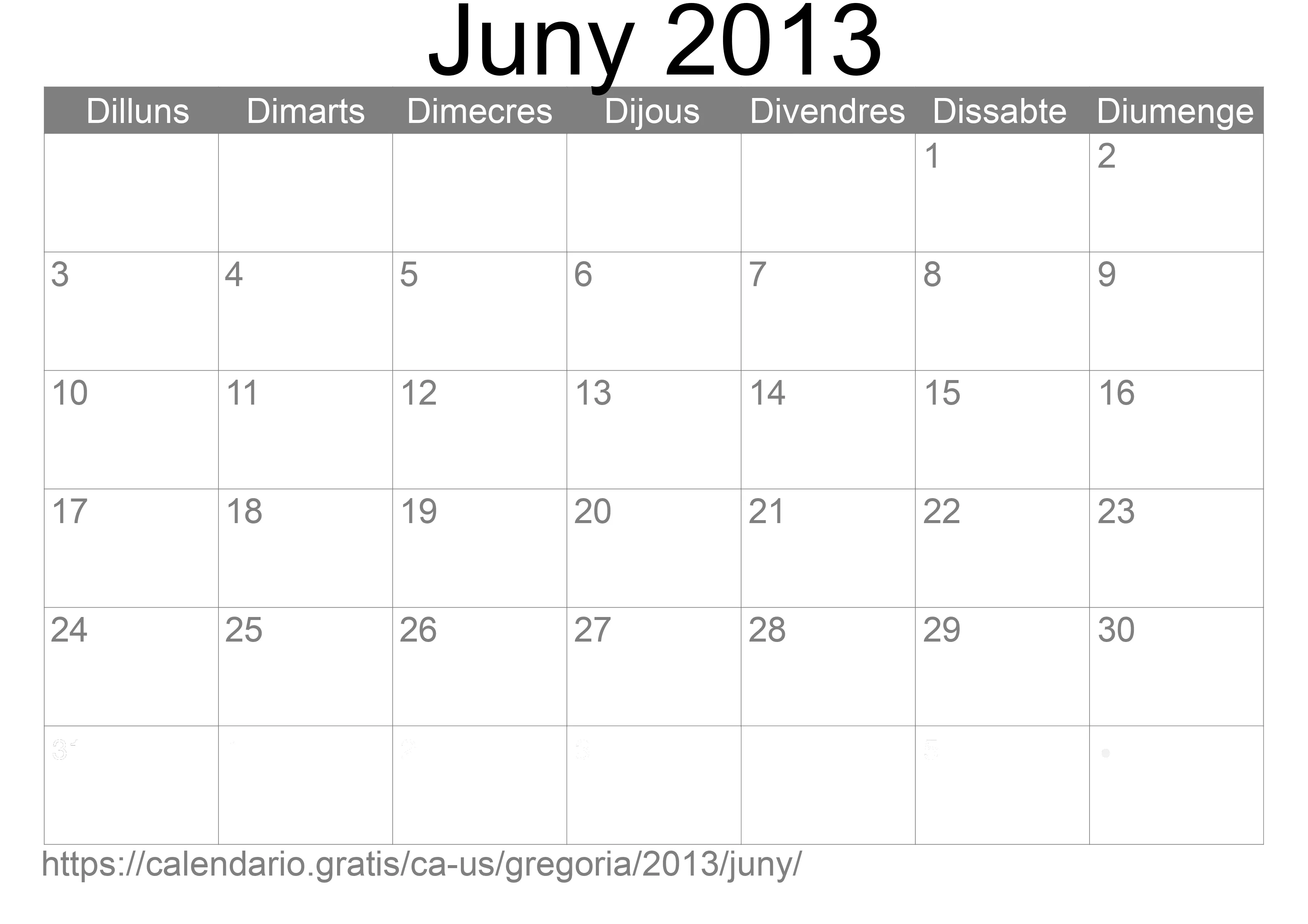 Calendari Juny 2013 per imprimir (Estats Units d’Amèrica)