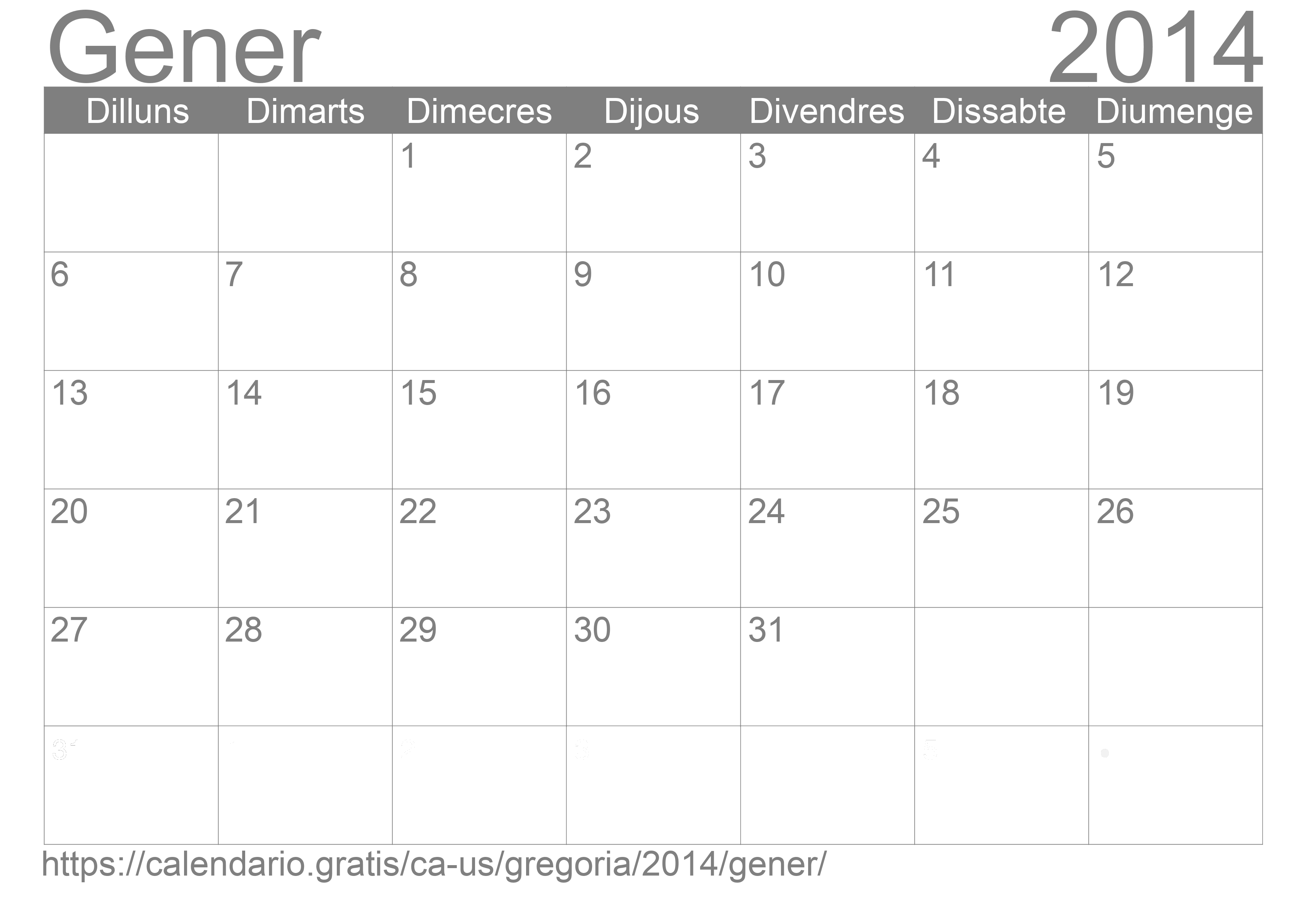 Calendari Gener 2014 per imprimir