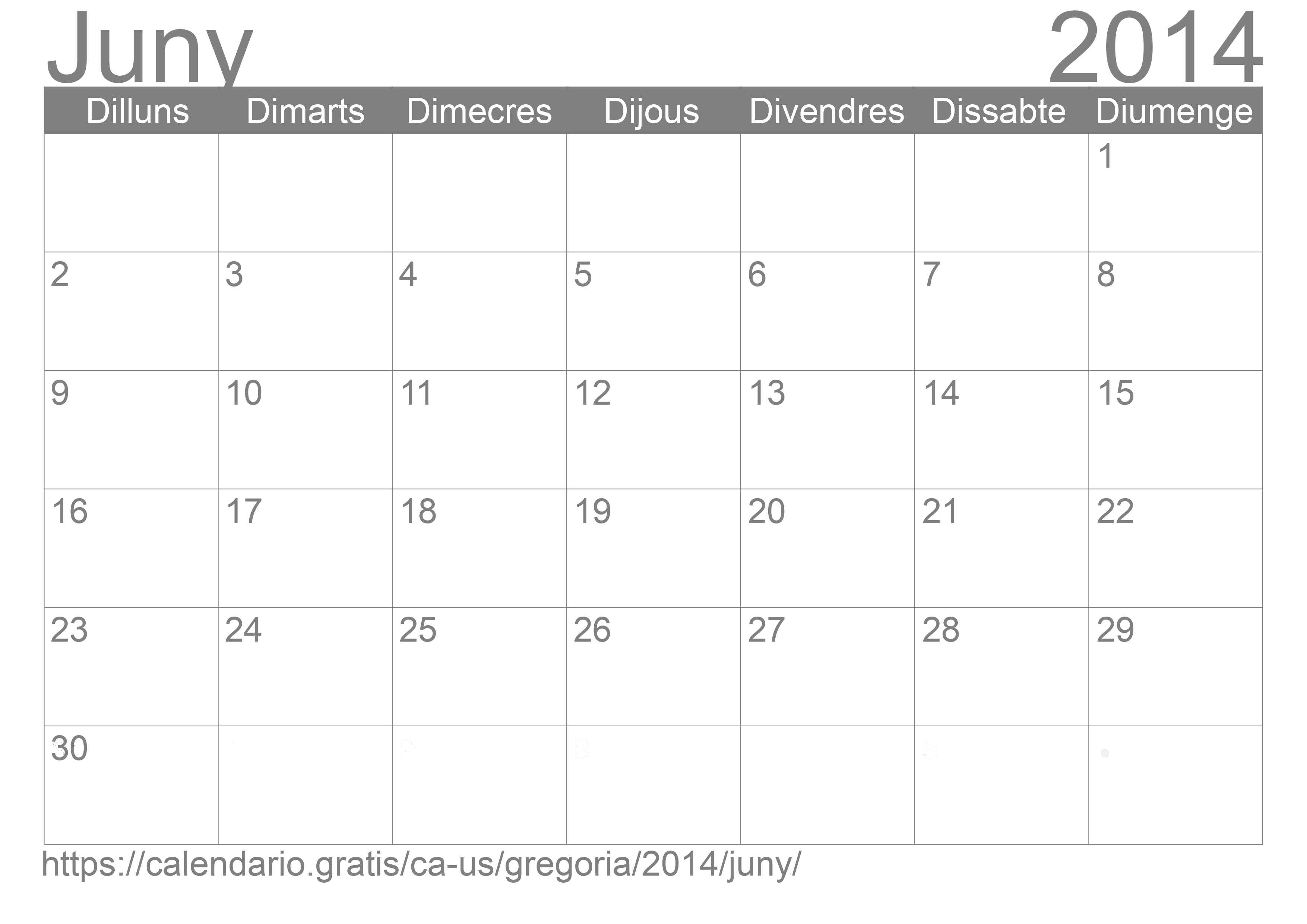 Calendari Juny 2014 per imprimir