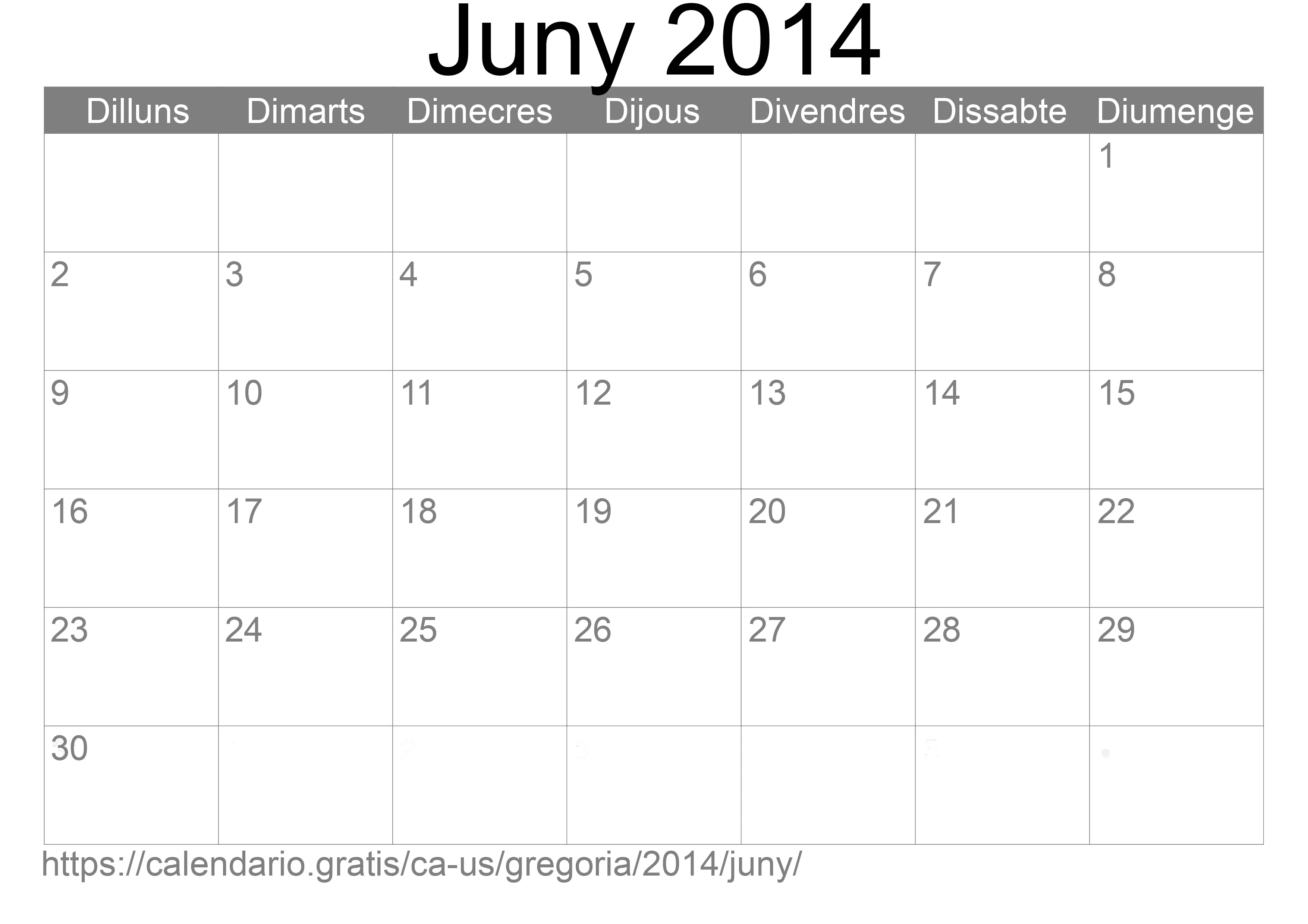 Calendari Juny 2014 per imprimir (Estats Units d’Amèrica)