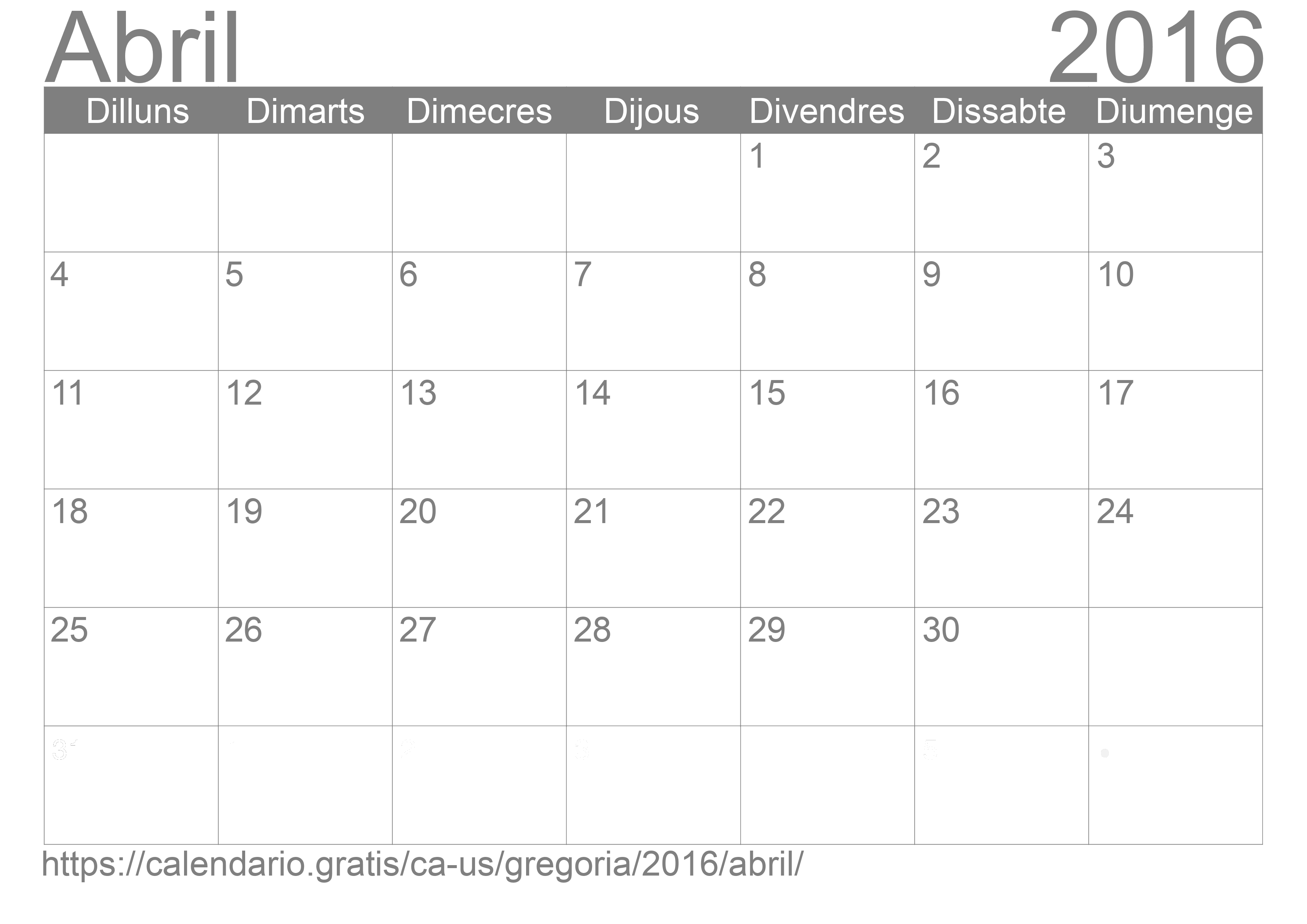 Calendari Abril 2016 per imprimir