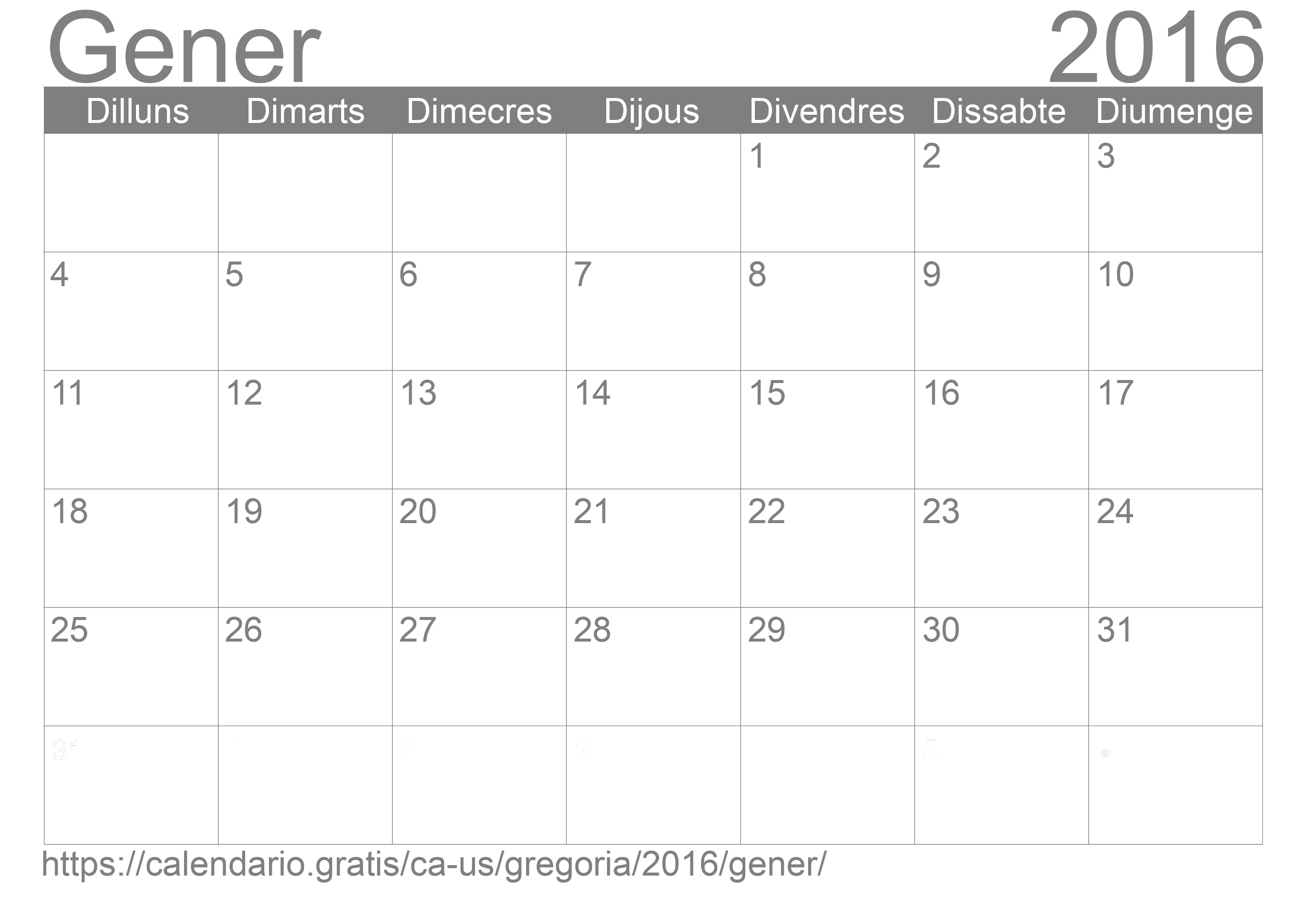Calendari Gener 2016 per imprimir