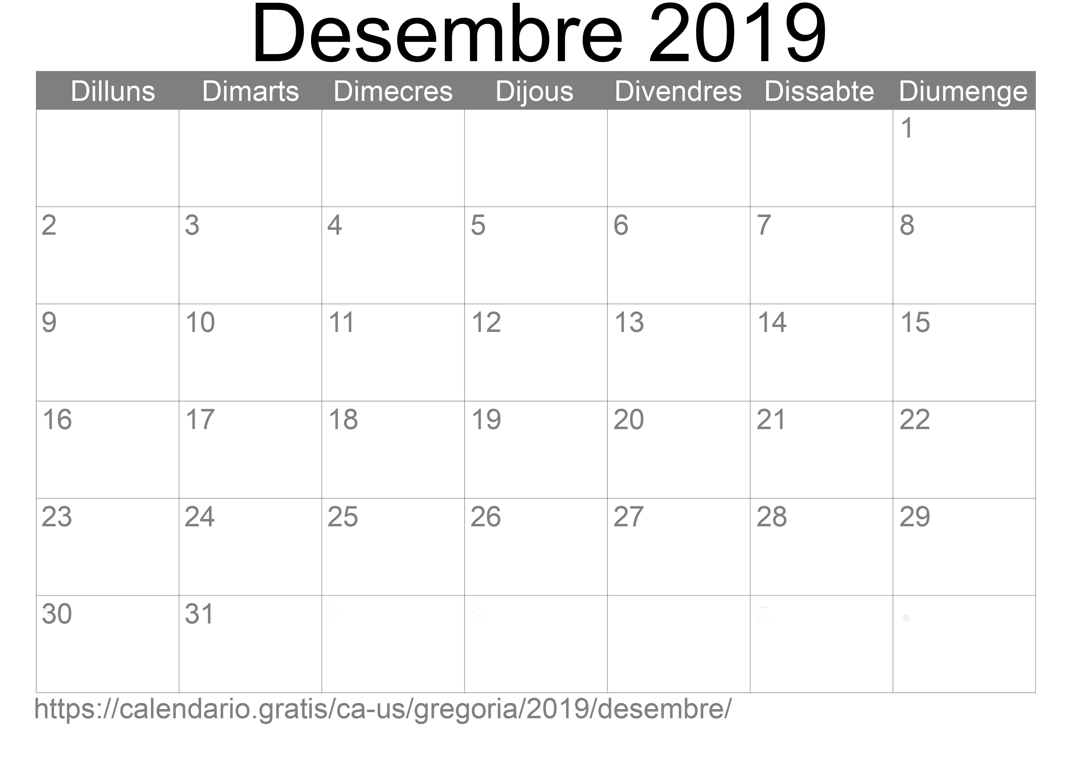 Calendari Desembre 2019 per imprimir (Estats Units d’Amèrica)