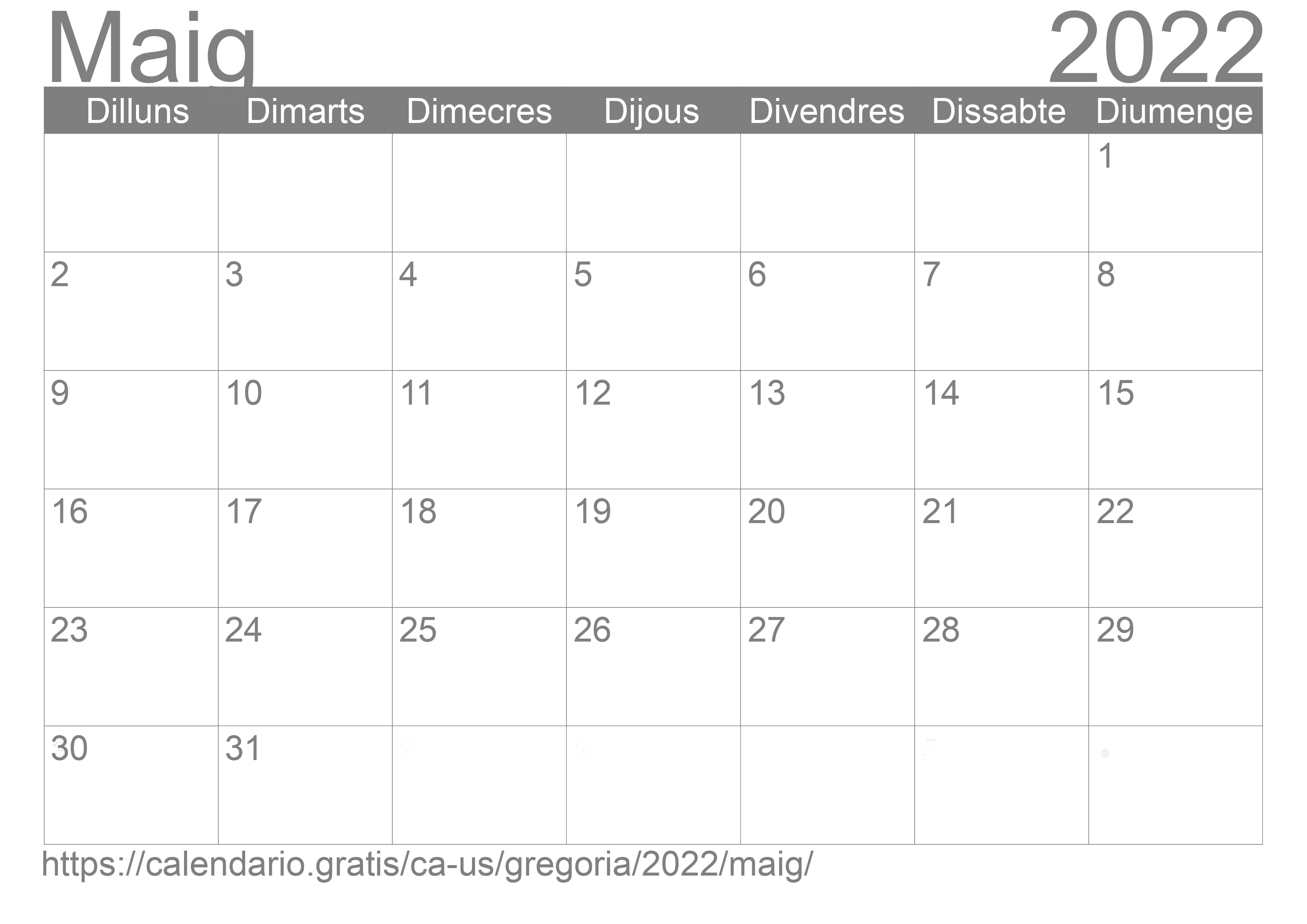 Calendari Maig 2022 per imprimir