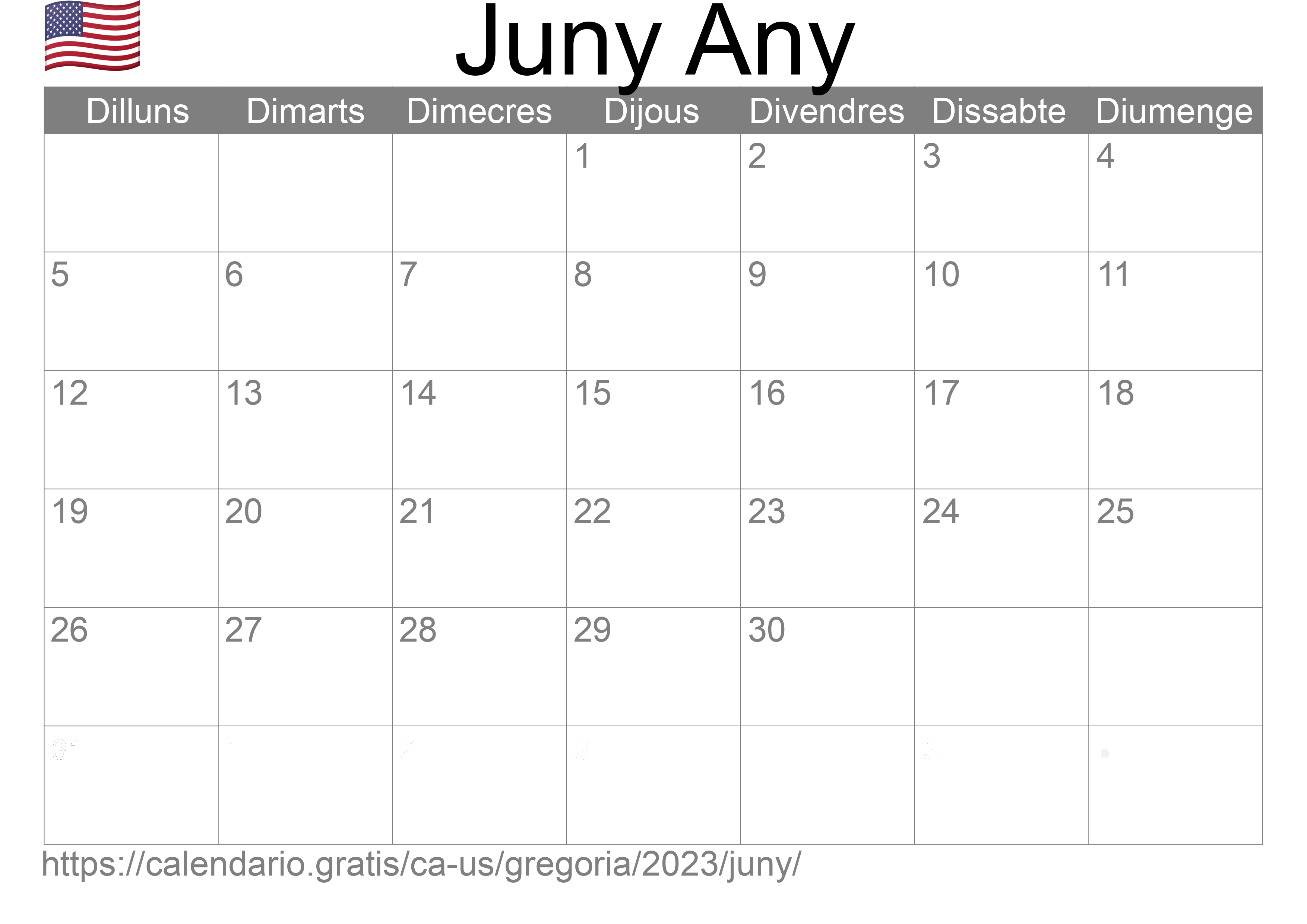 Calendari Juny 2023 per imprimir