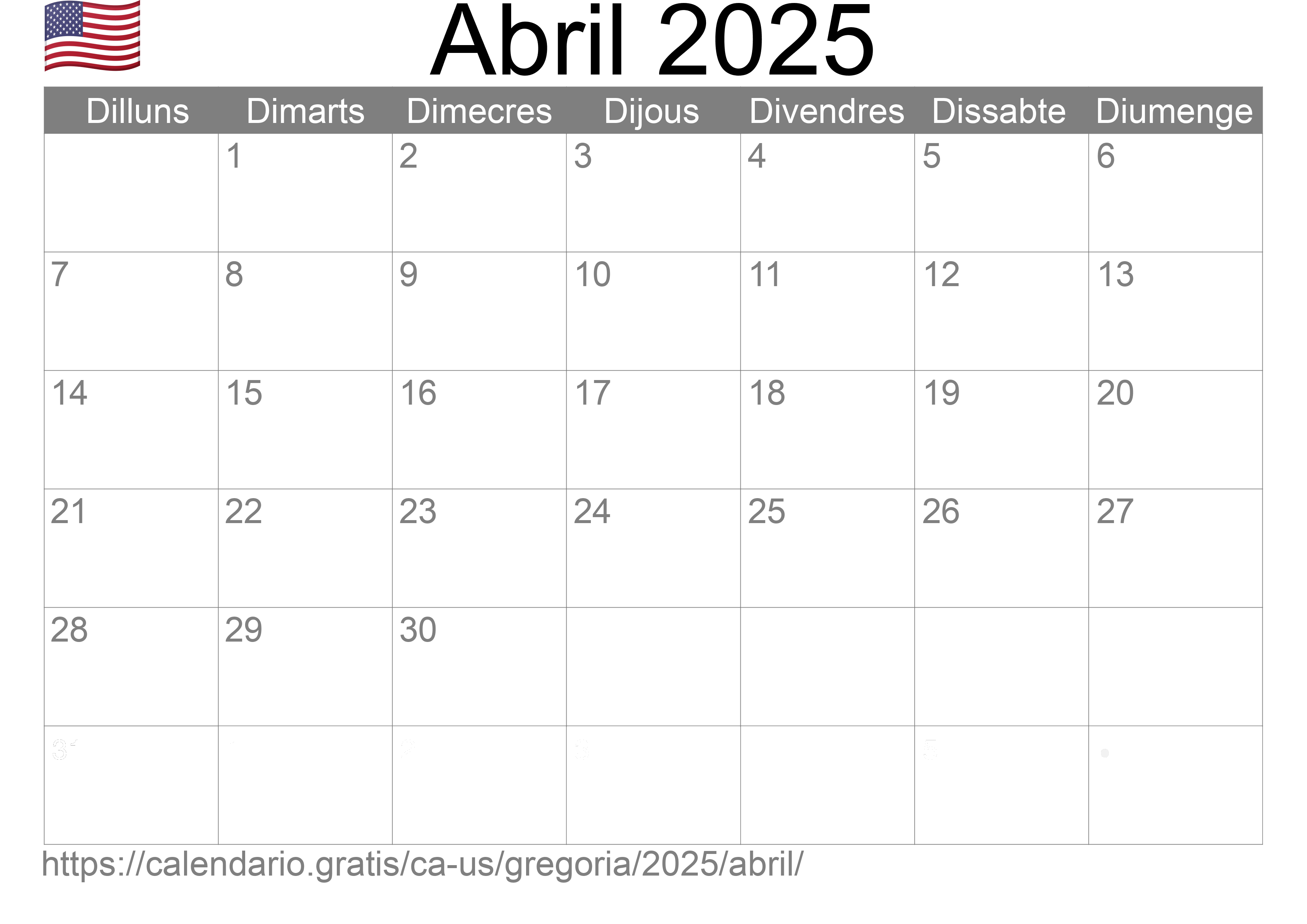 Calendari Abril 2025 per imprimir