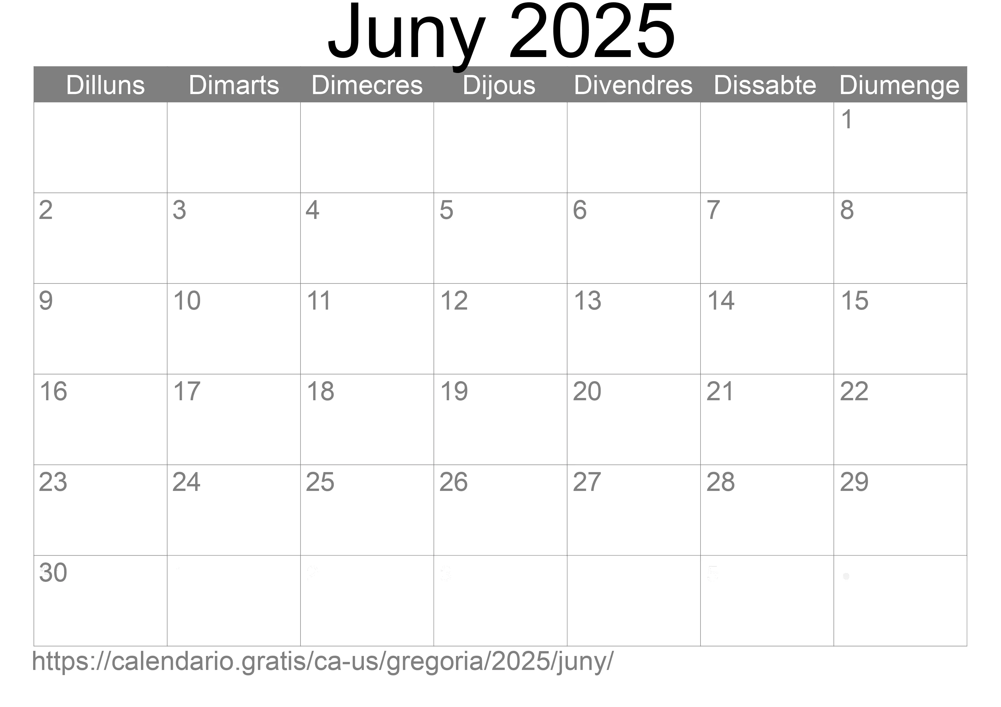 Calendari Juny 2025 per imprimir (Estats Units d’Amèrica)