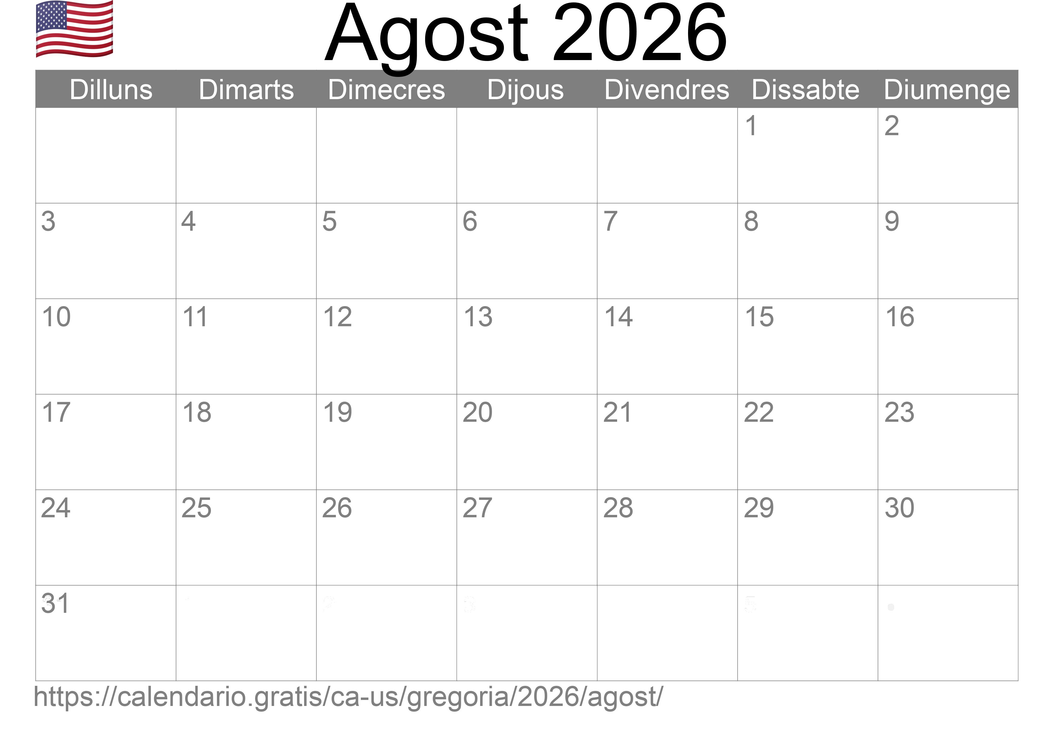 Calendari Agost 2026 per imprimir