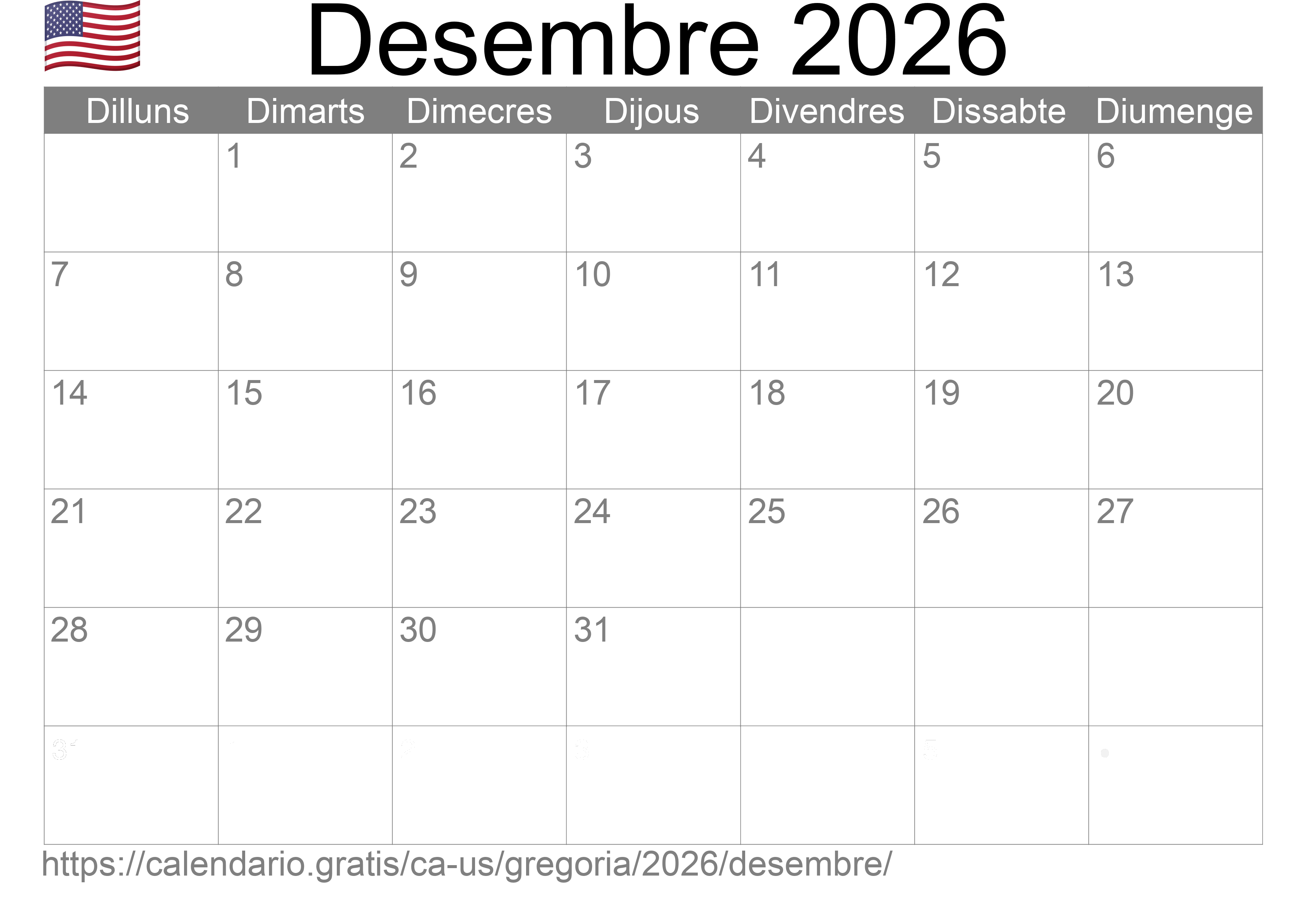 Calendari Desembre 2026 per imprimir