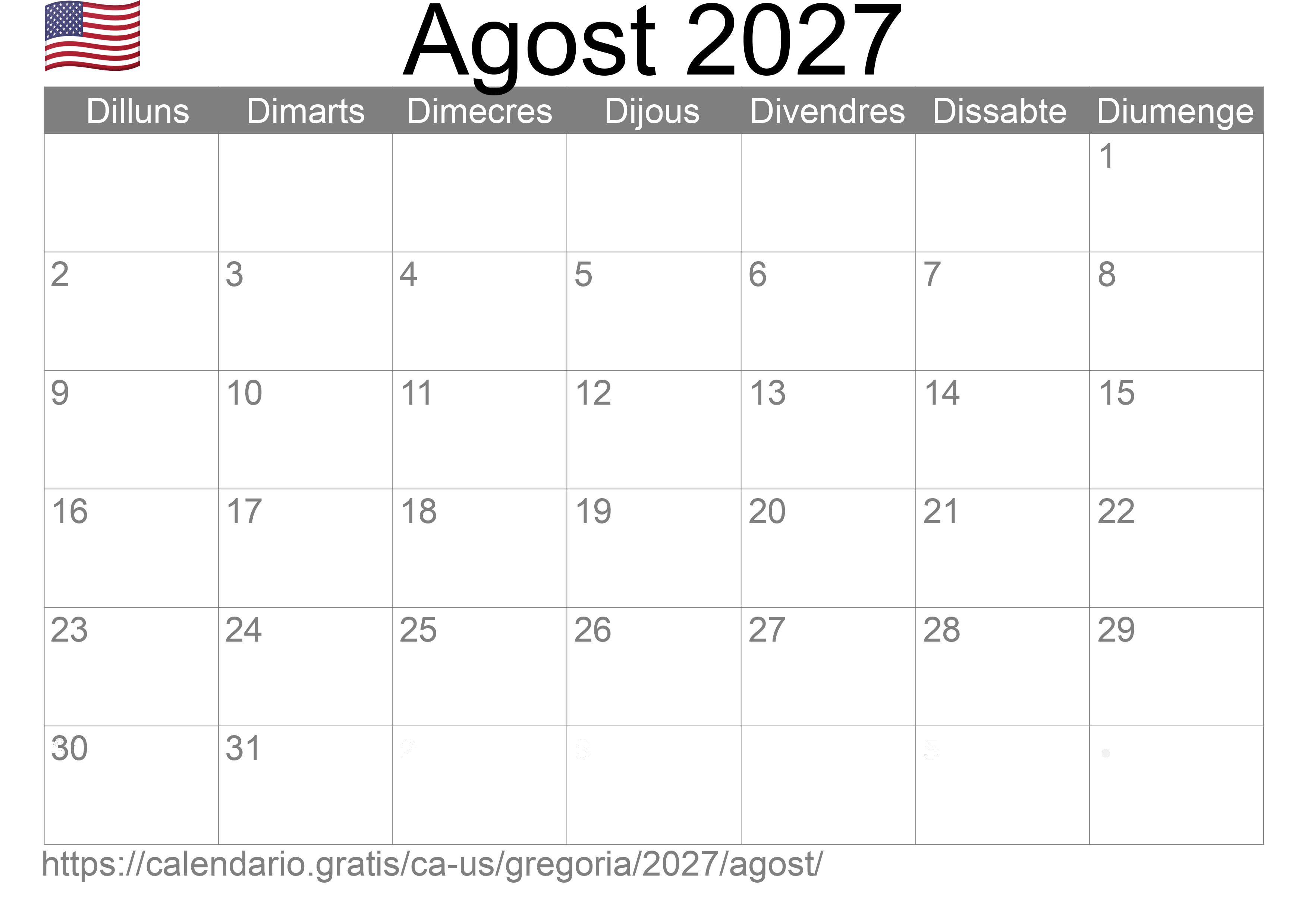 Calendari Agost 2027 per imprimir