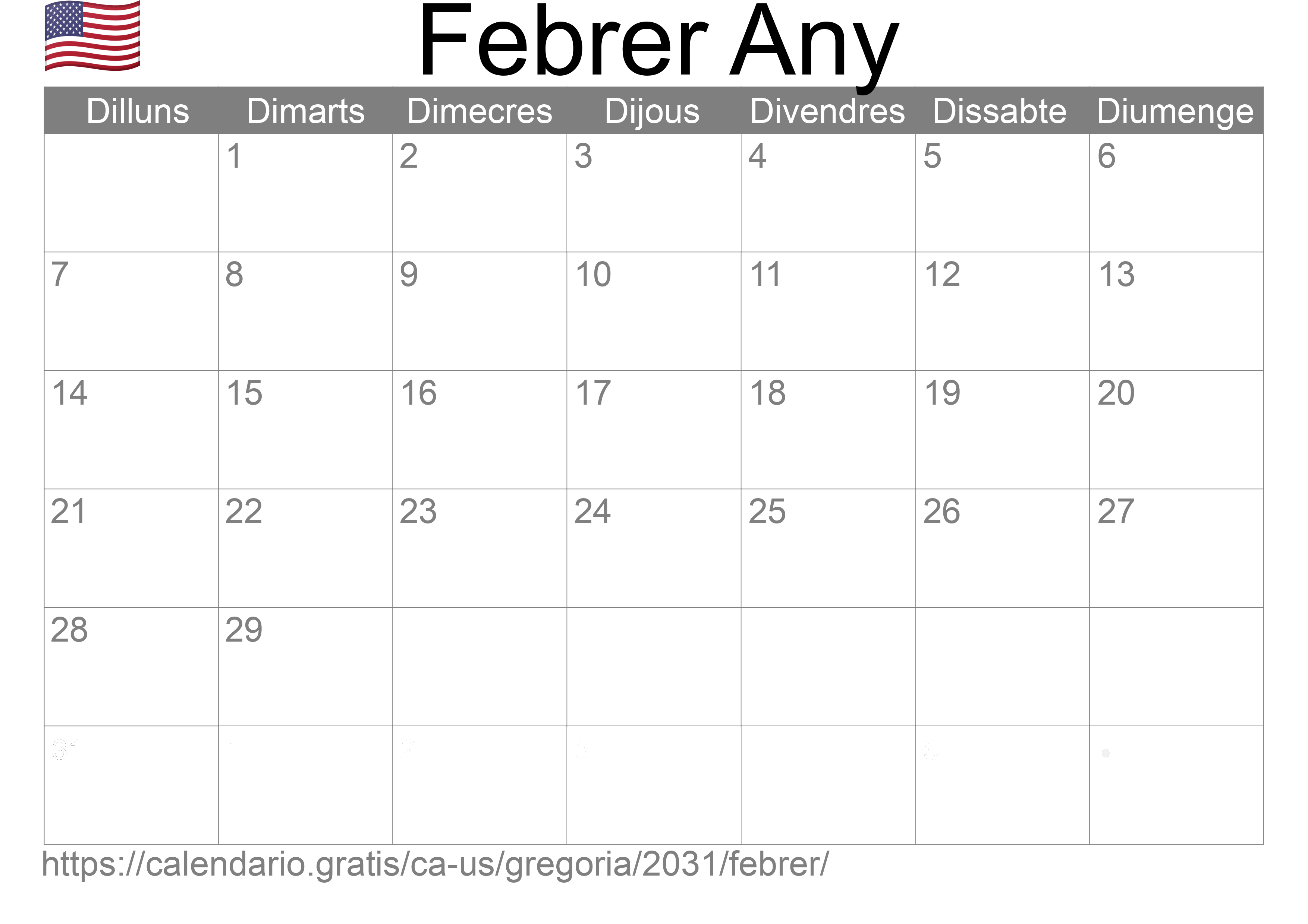 Calendari Febrer 2031 per imprimir