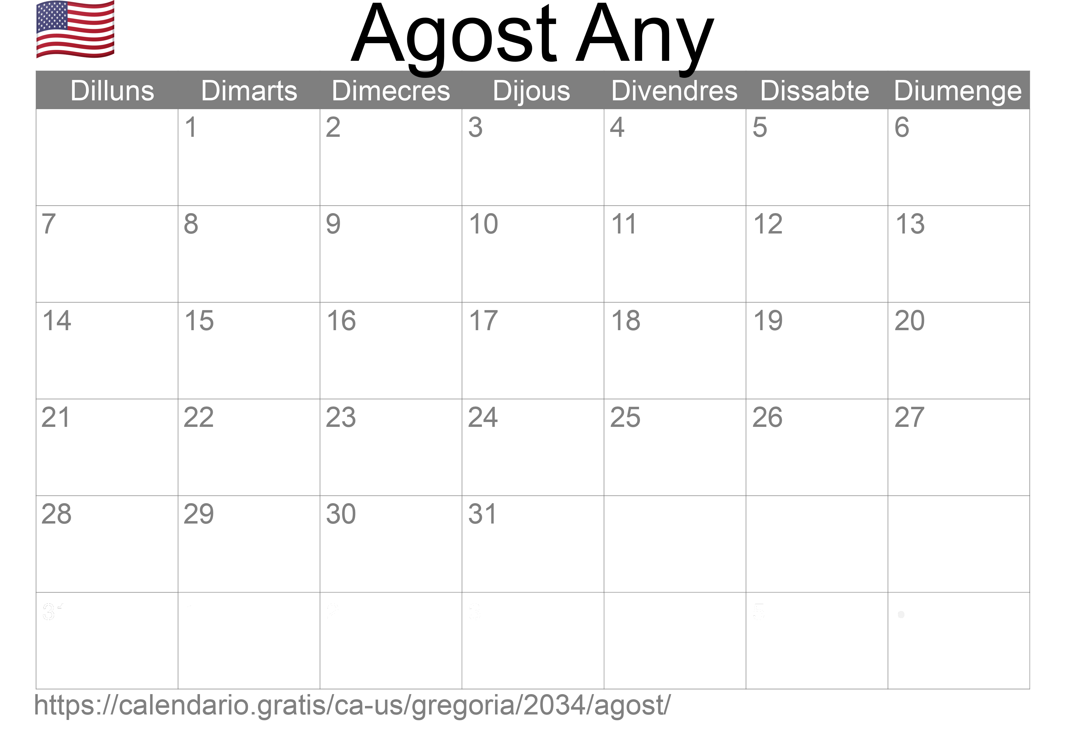 Calendari Agost 2034 per imprimir