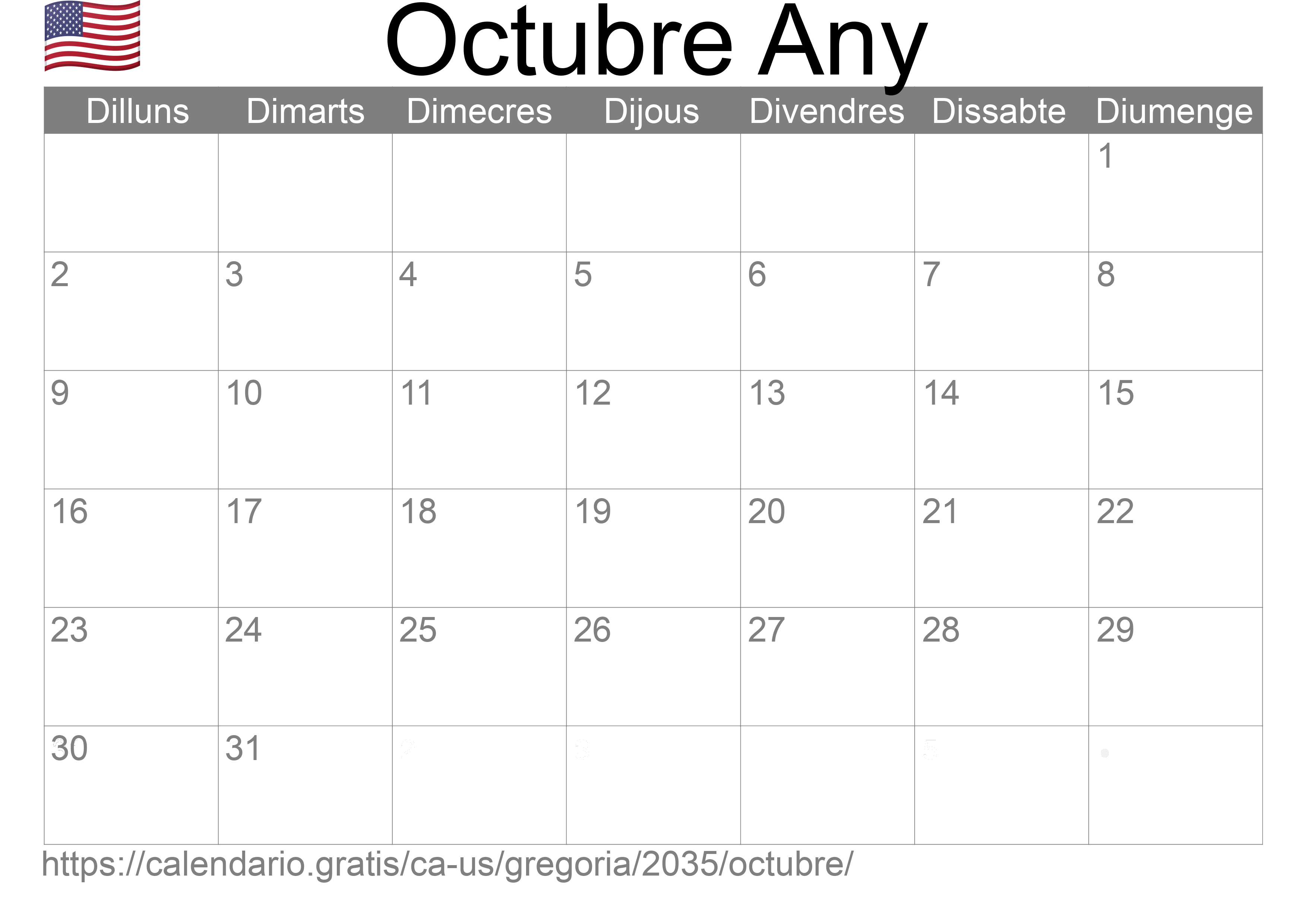 Calendari Octubre 2035 per imprimir