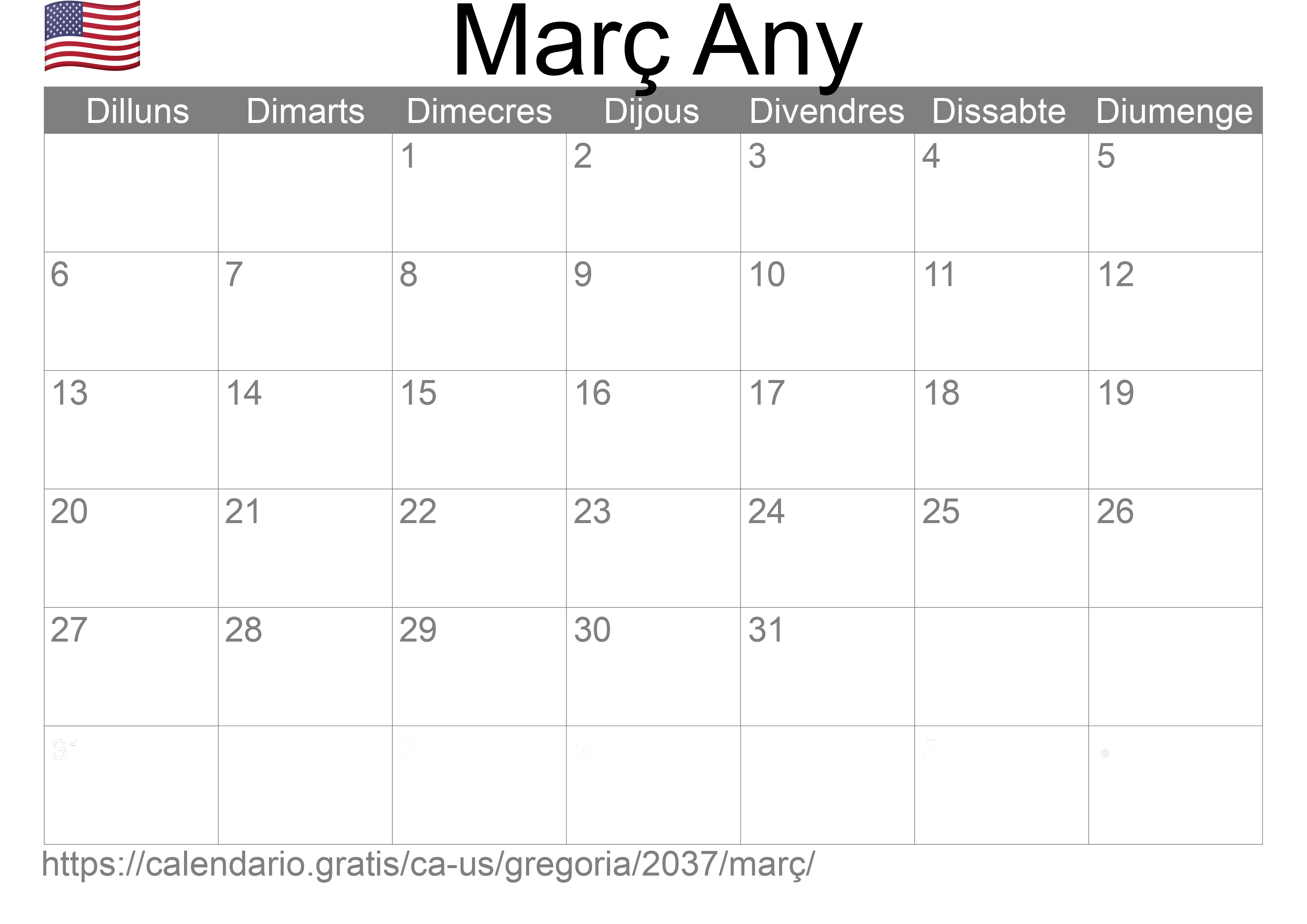 Calendari Març 2037 per imprimir