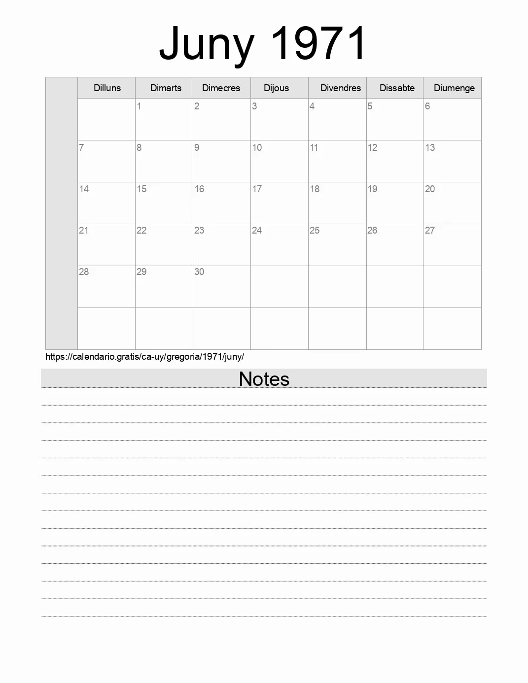 Calendari de Juny 1971 per imprimir amb notes. (Uruguai)