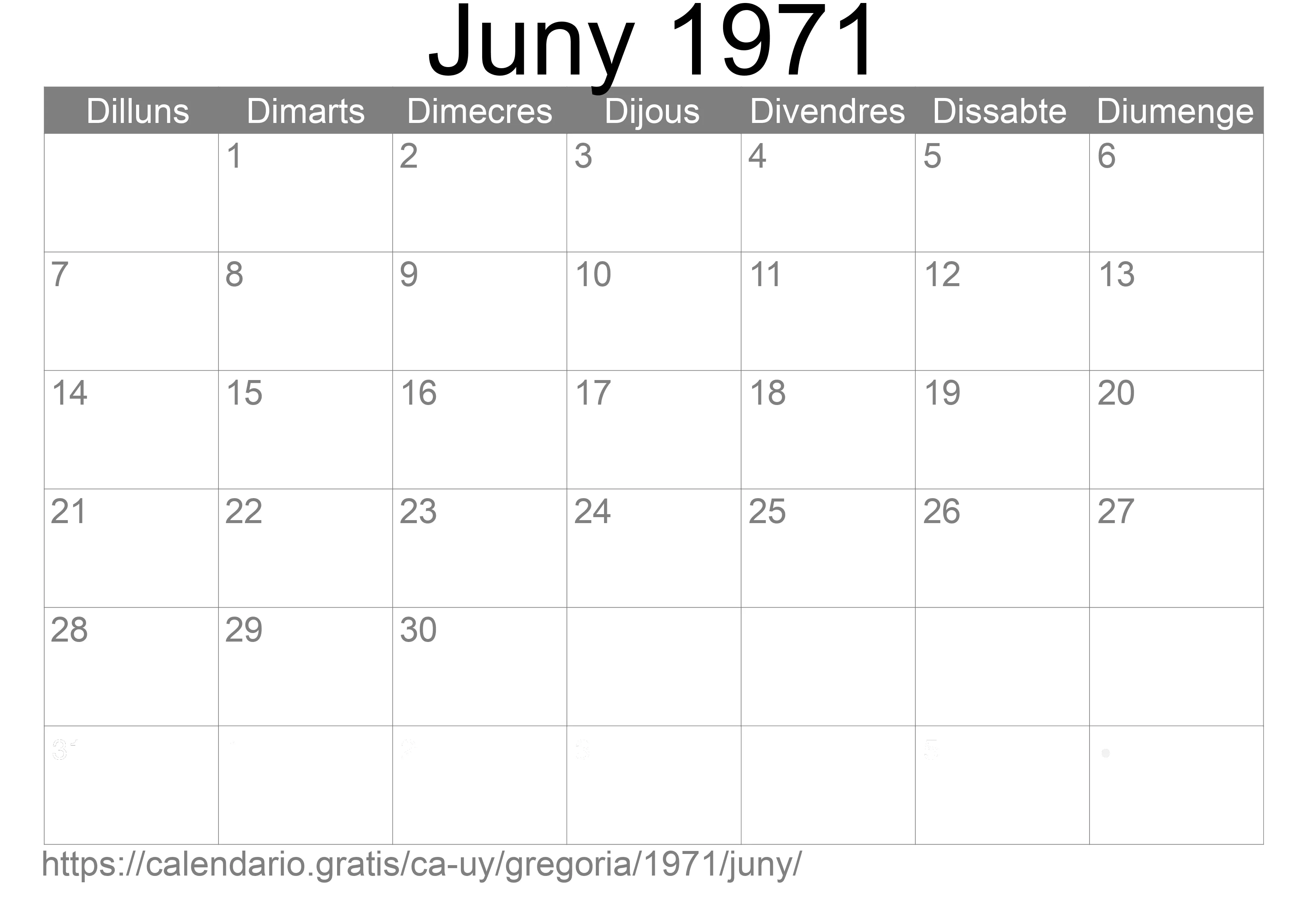 Calendari Juny 1971 per imprimir (Uruguai)