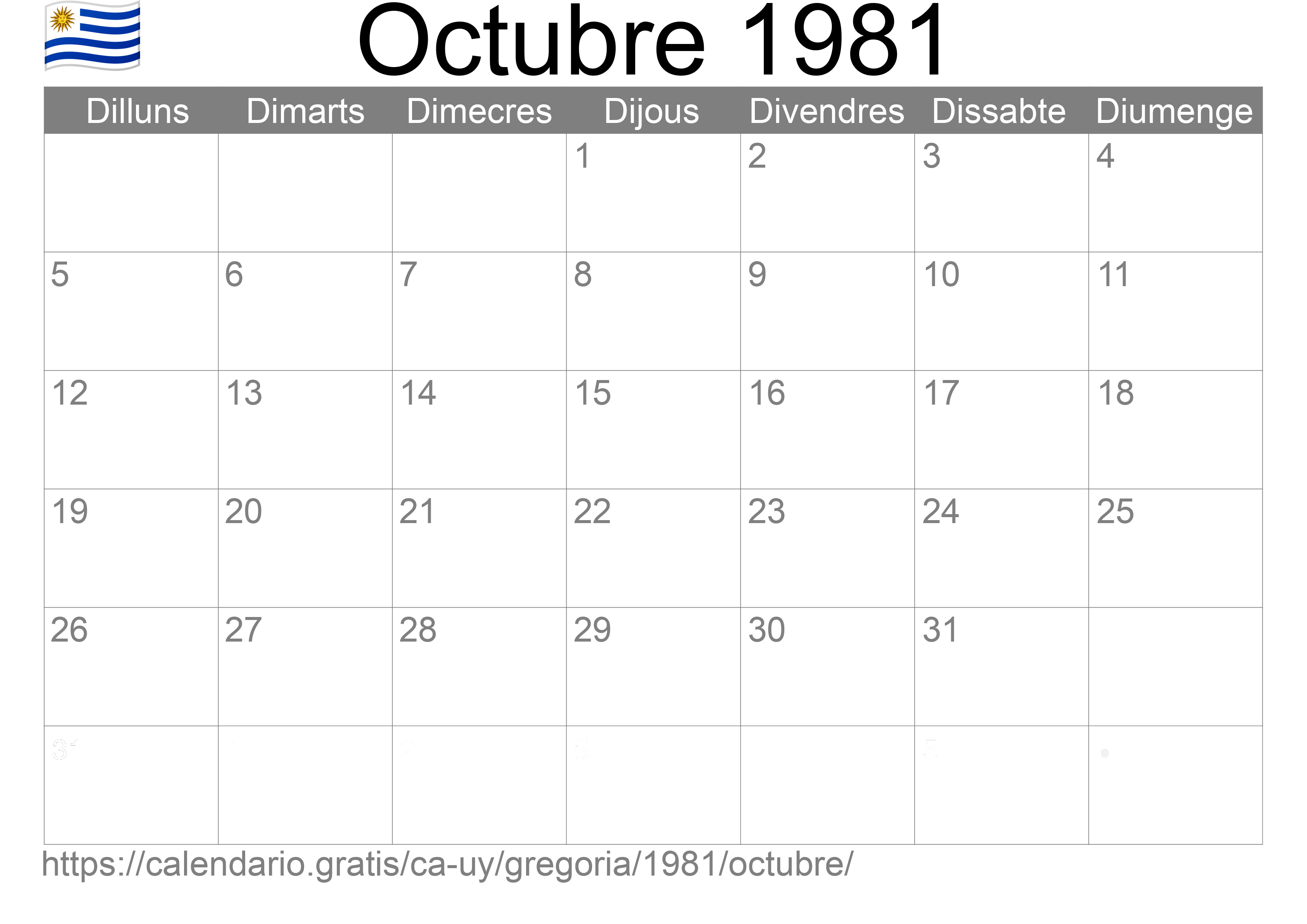 Calendari Octubre 1981 per imprimir