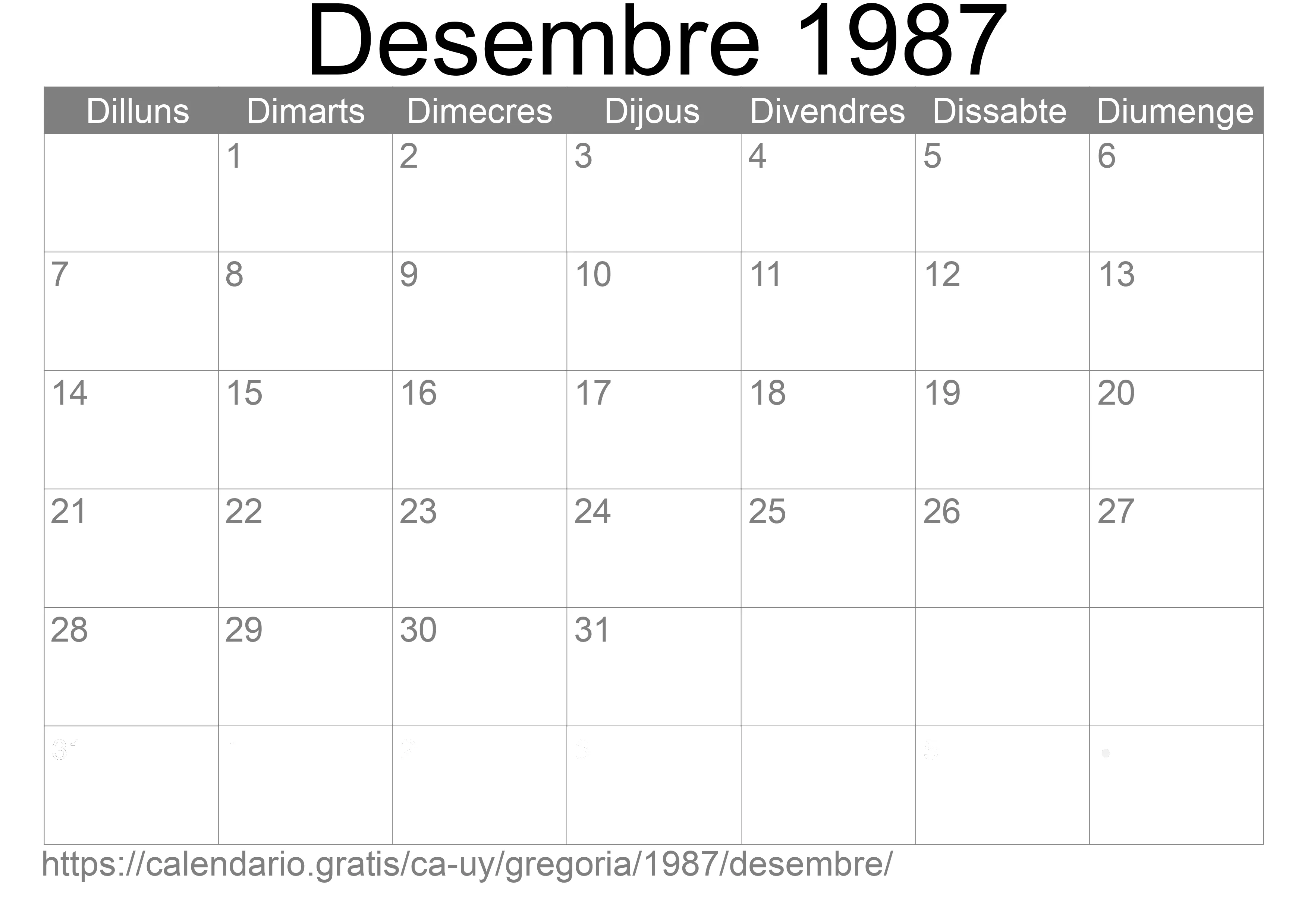 Calendari Desembre 1987 per imprimir (Uruguai)