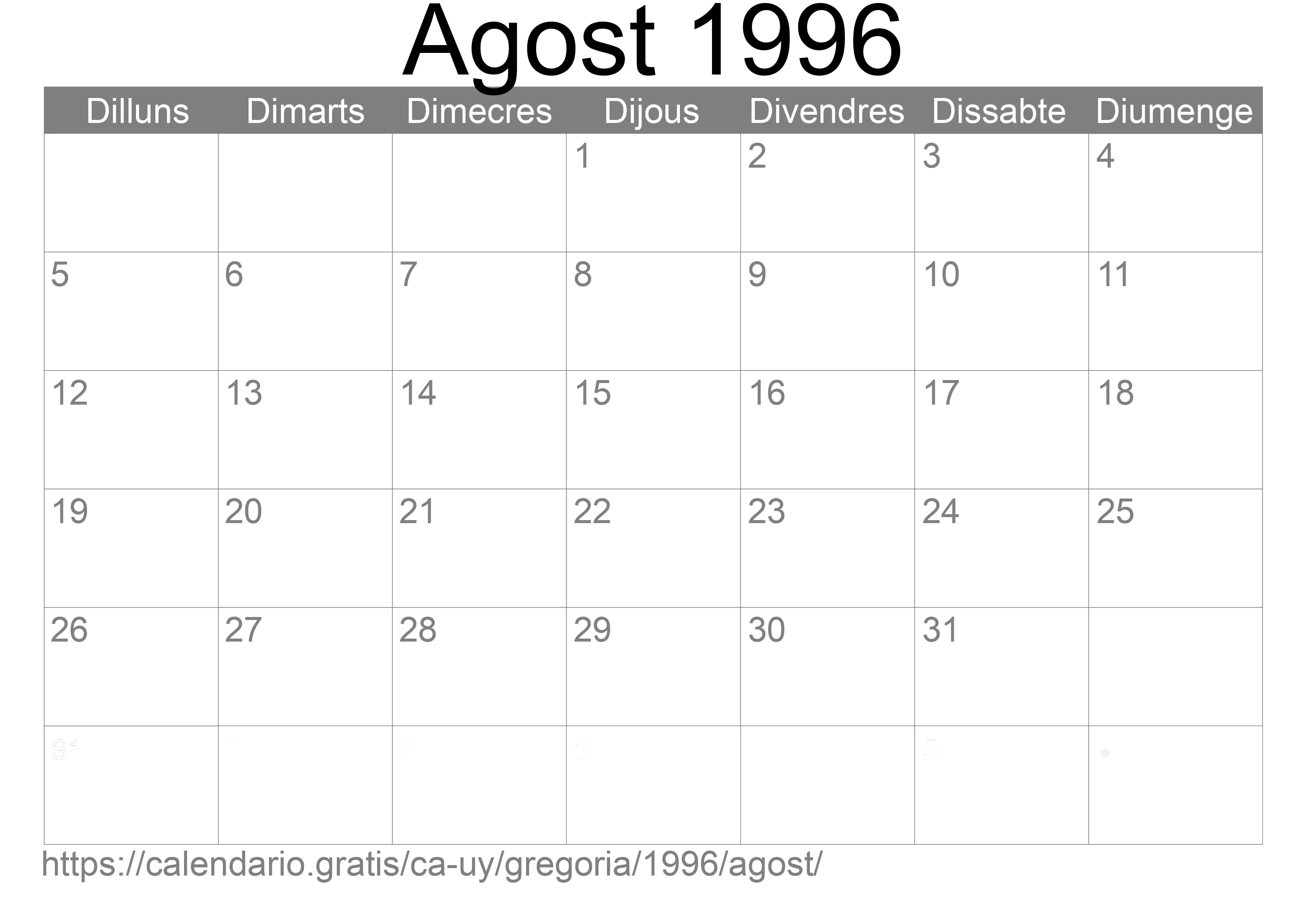 Calendari Agost 1996 per imprimir (Uruguai) Calendari Agost 1996 per imprimir (Uruguai)