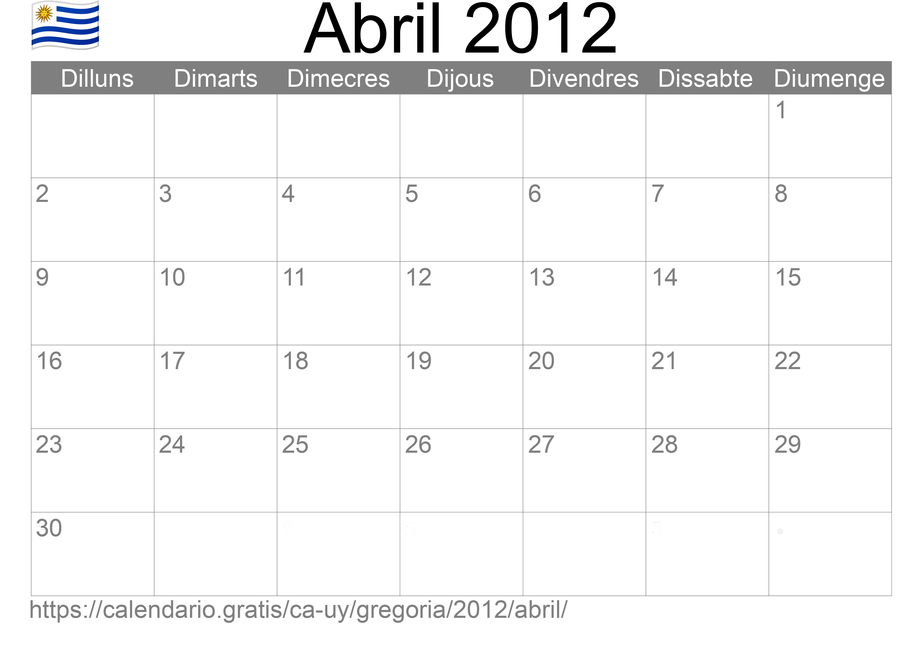 Calendari Abril 2012 per imprimir