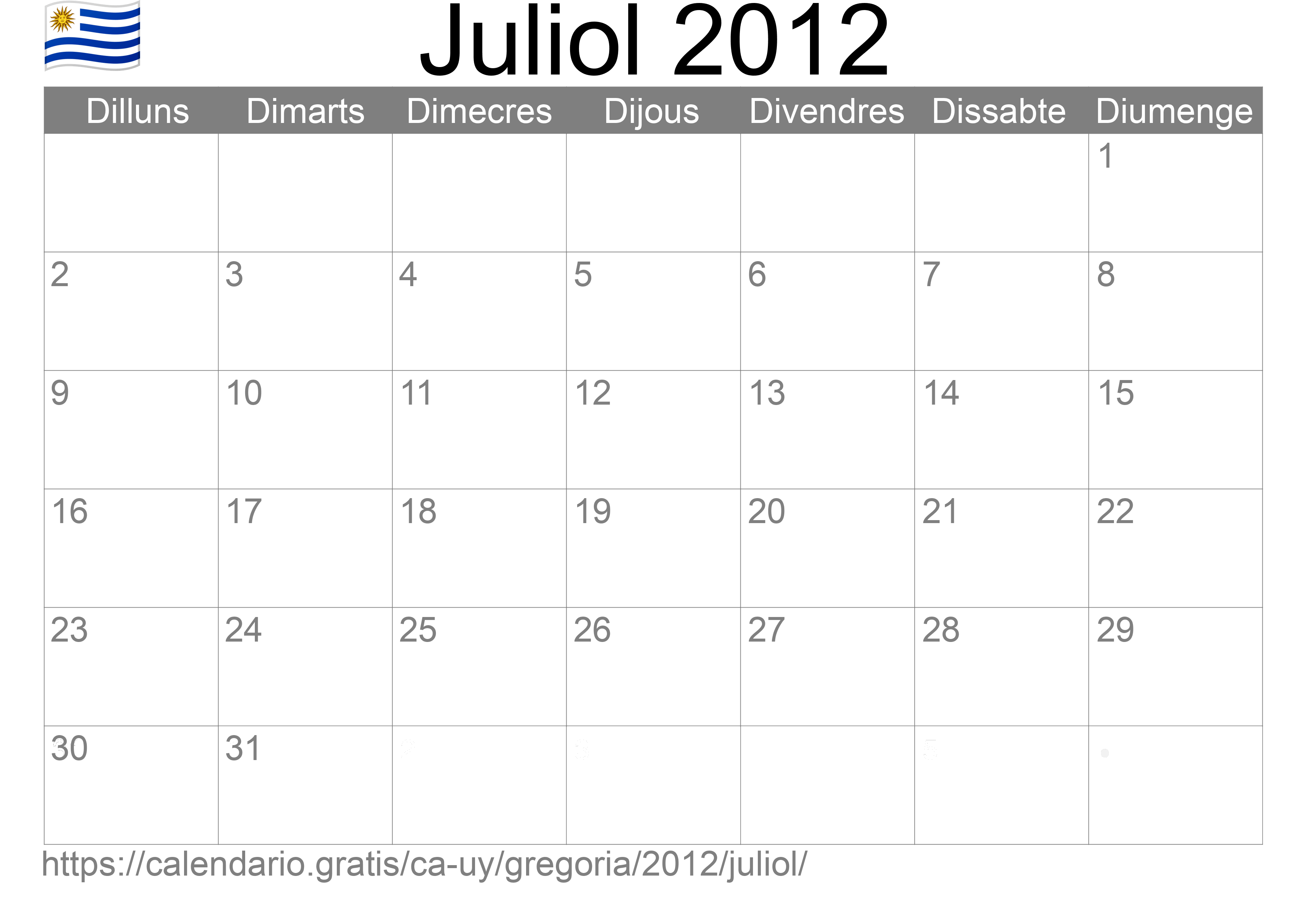 Calendari Juliol 2012 per imprimir