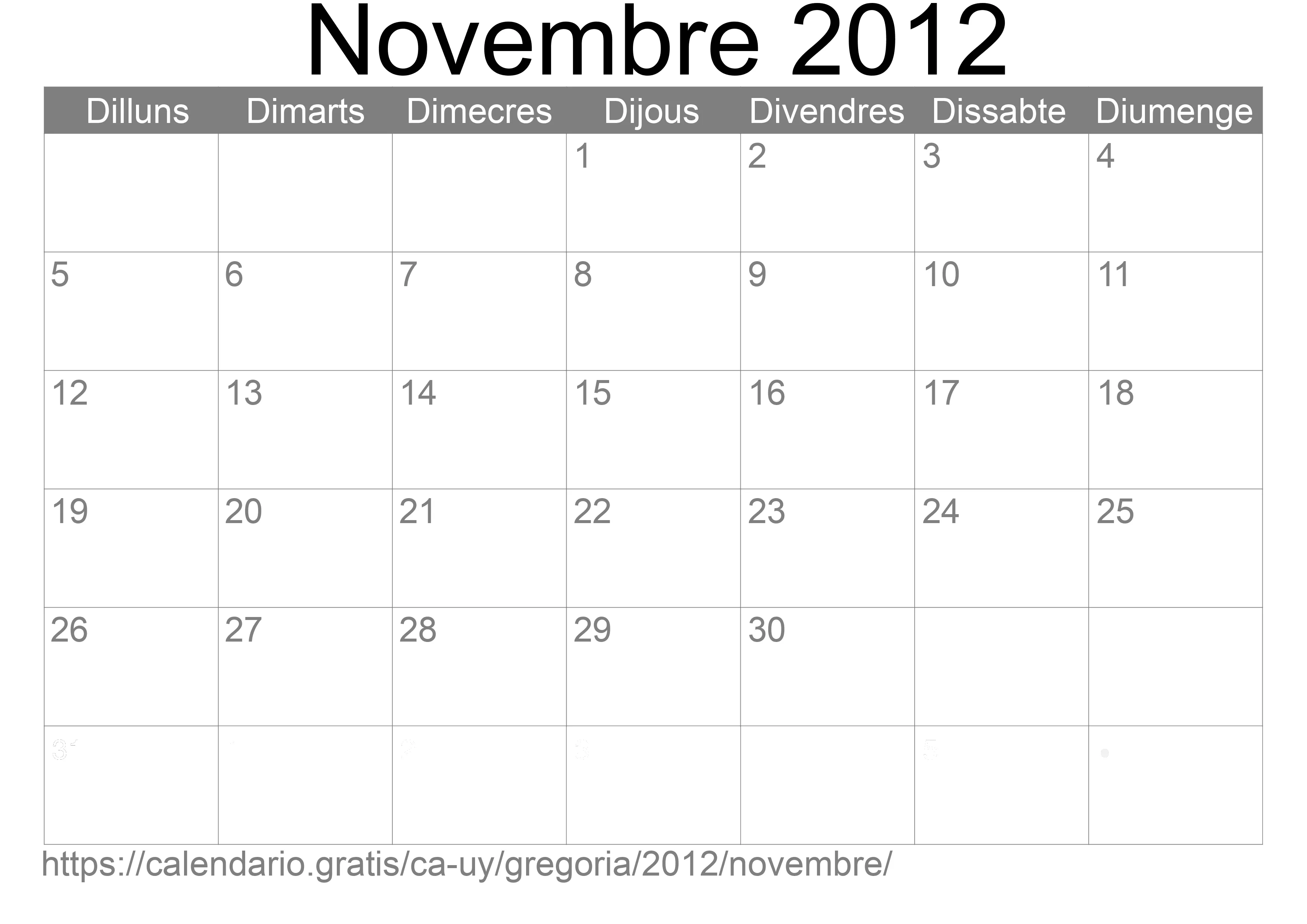 Calendari Novembre 2012 per imprimir (Uruguai) Calendari Novembre 2012 per imprimir (Uruguai)