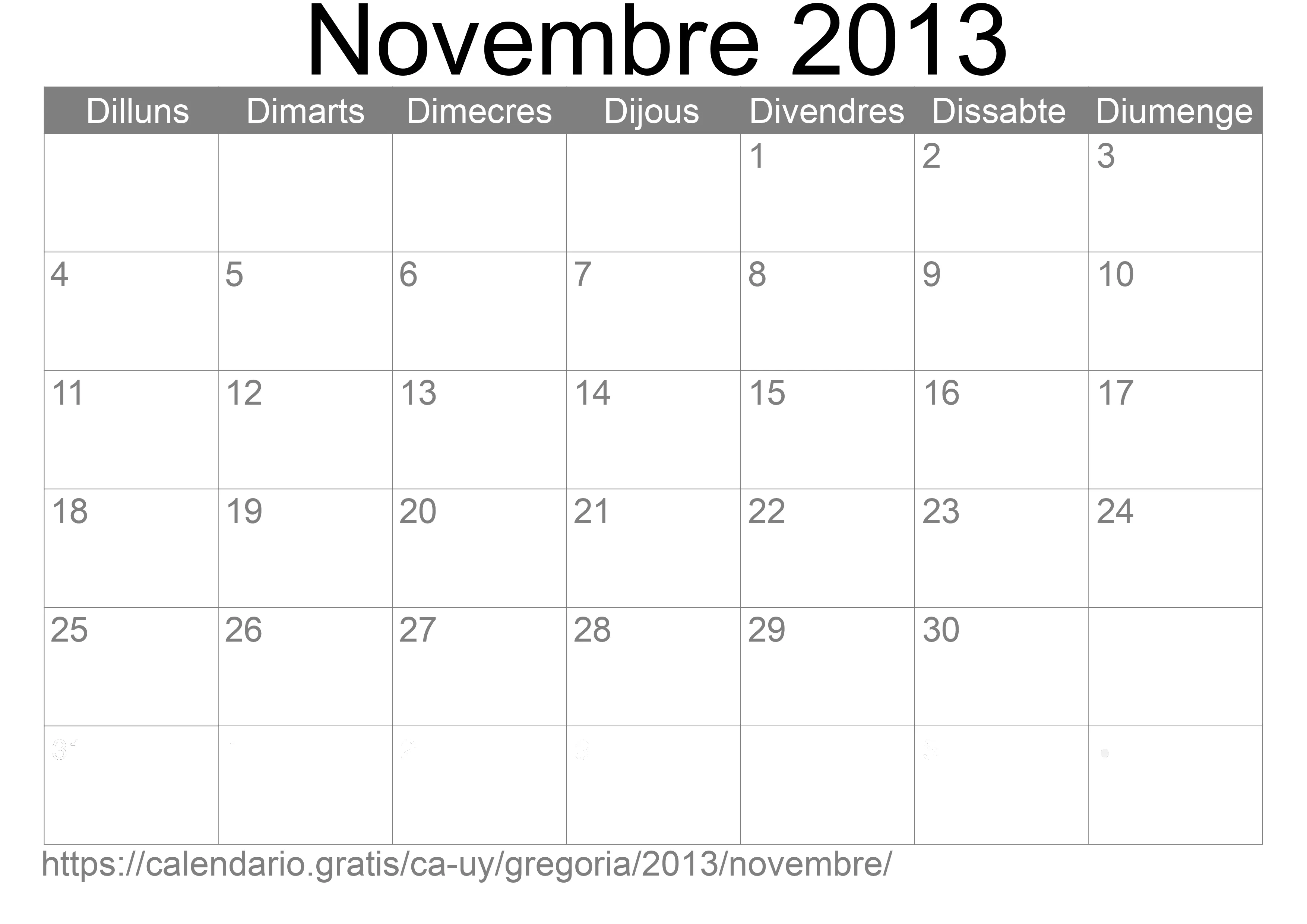 Calendari Novembre 2013 per imprimir (Uruguai) Calendari Novembre 2013 per imprimir (Uruguai)