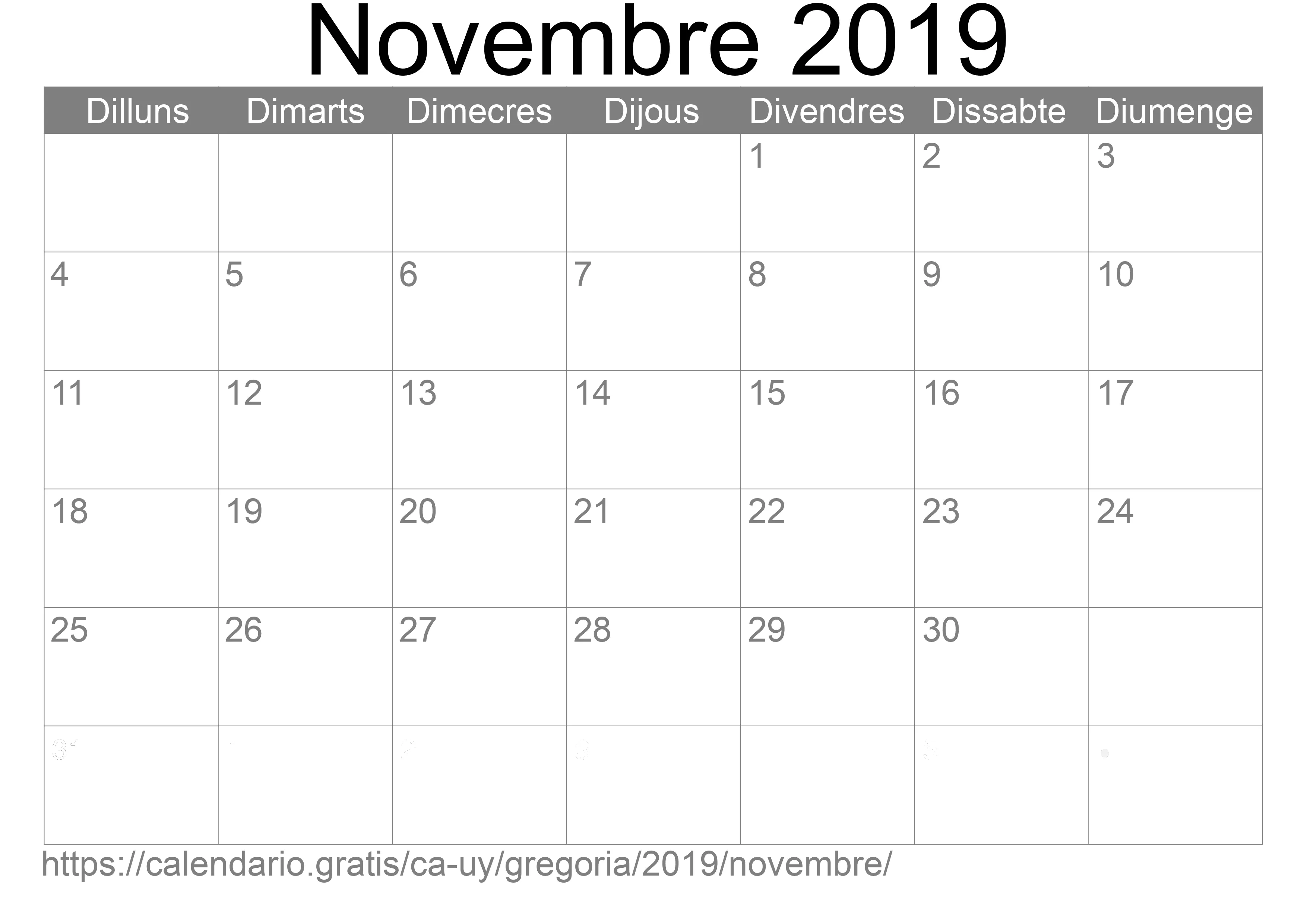 Calendari Novembre 2019 per imprimir (Uruguai)