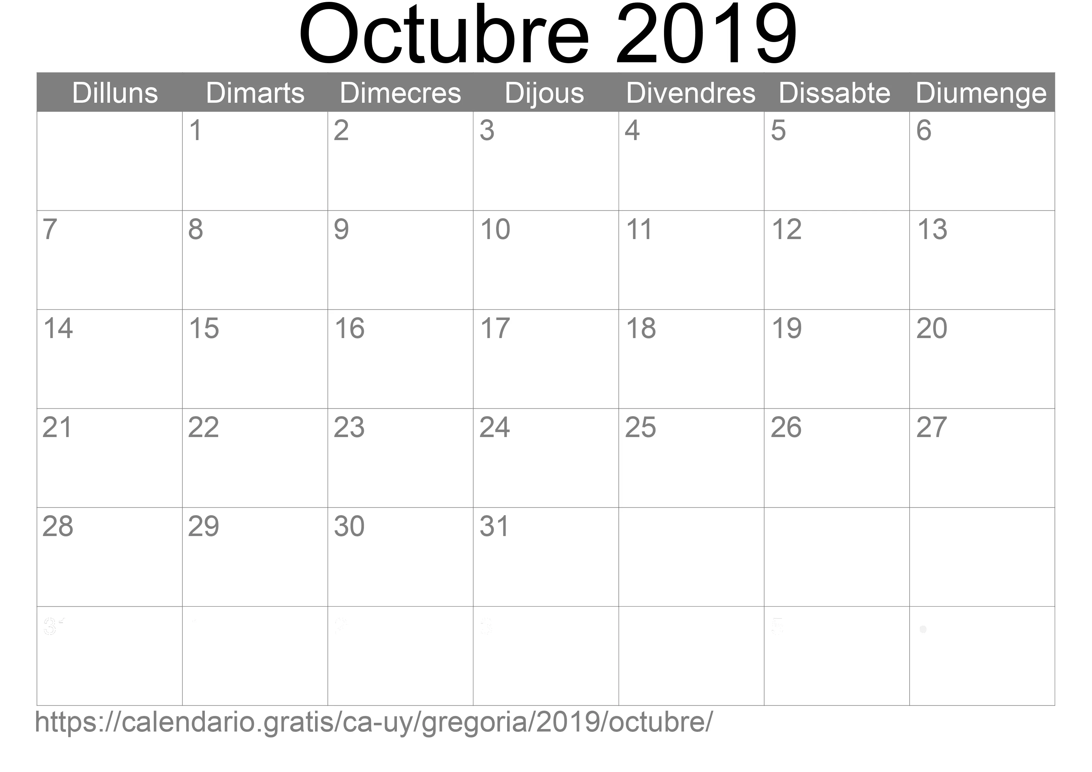 Calendari Octubre 2019 per imprimir (Uruguai)