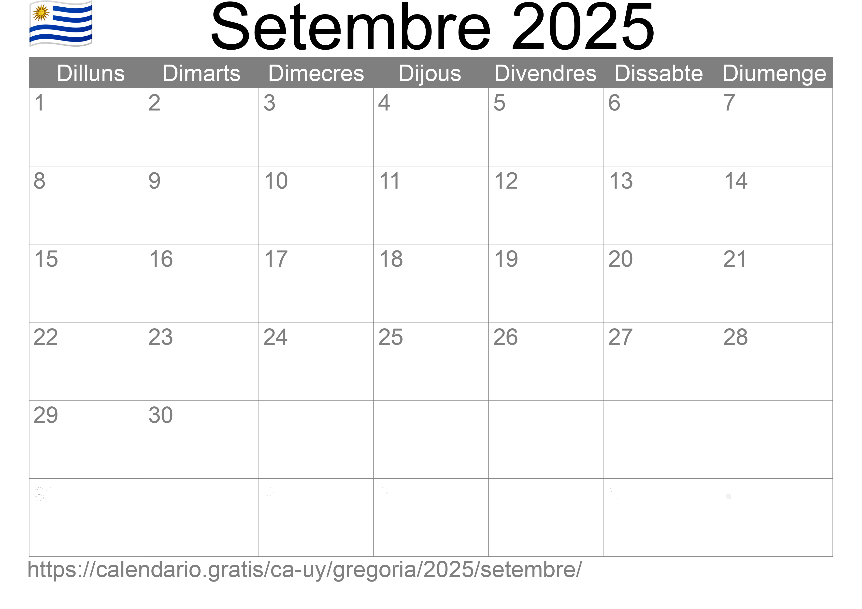 Calendari Setembre 2025 per imprimir