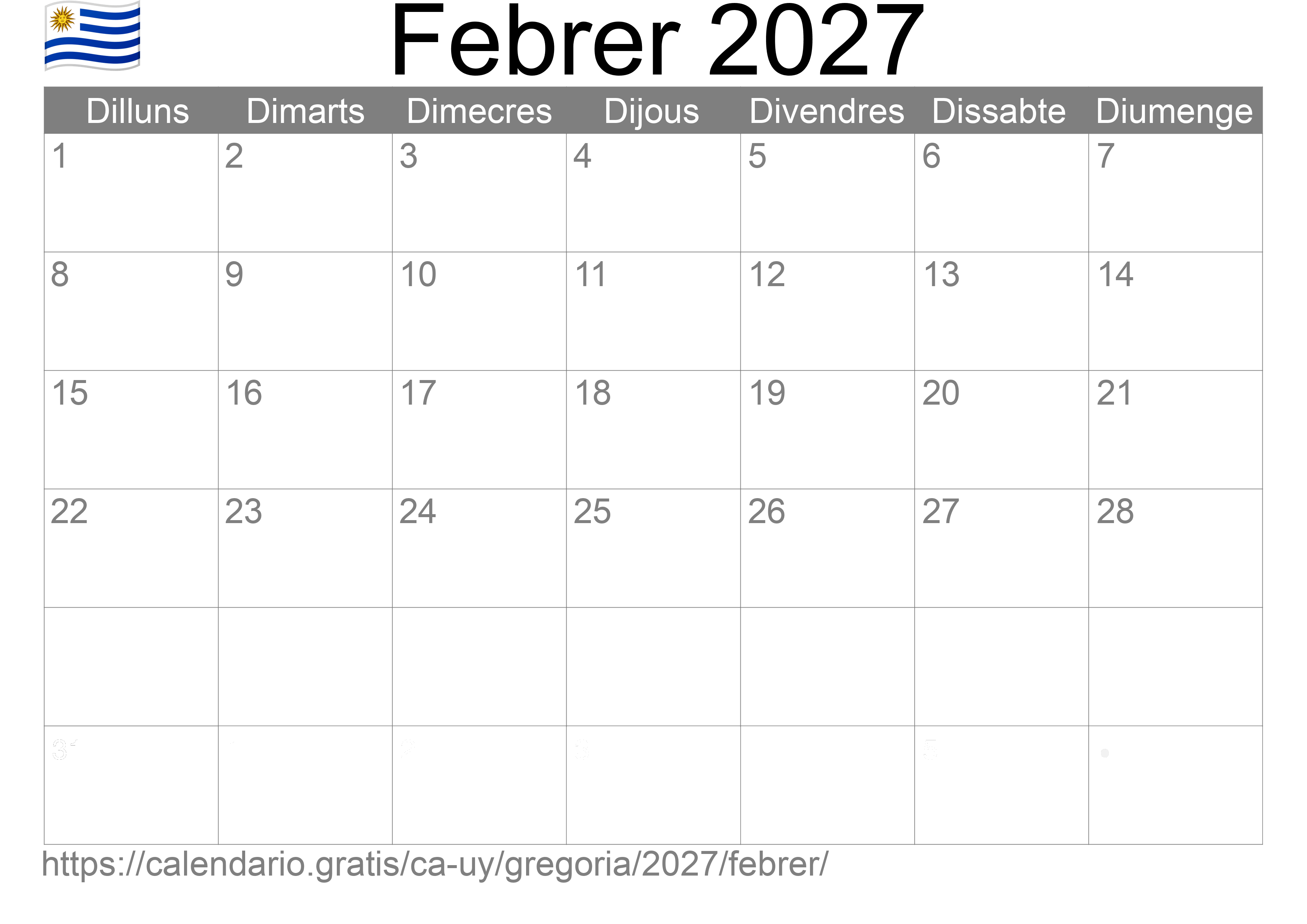 Calendari Febrer 2027 per imprimir