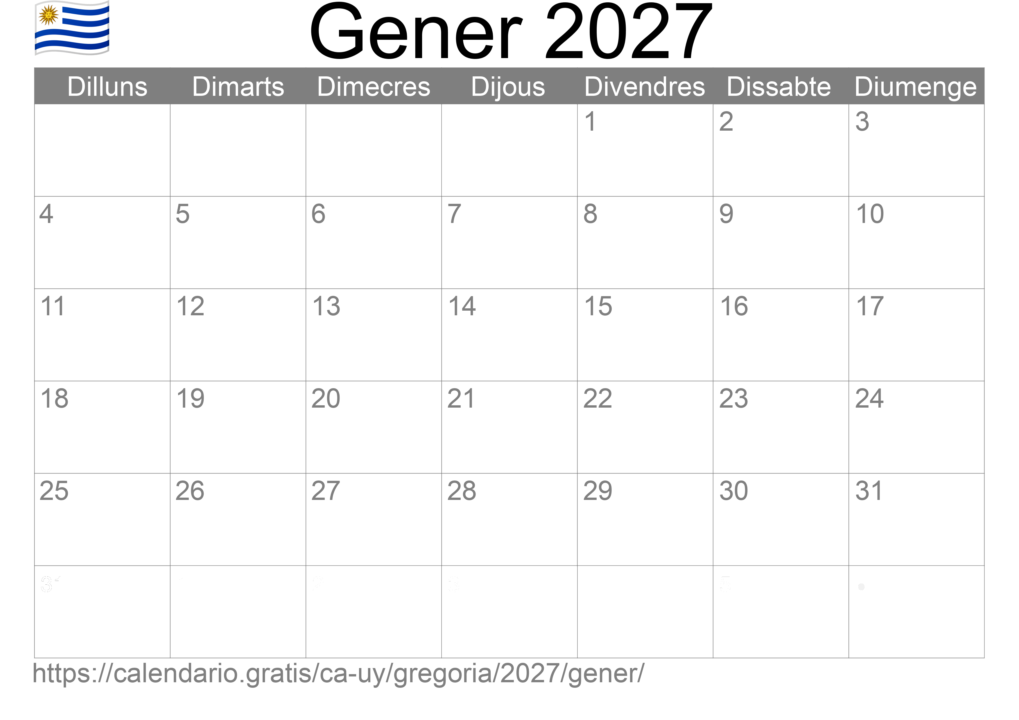 Calendari Gener 2027 per imprimir