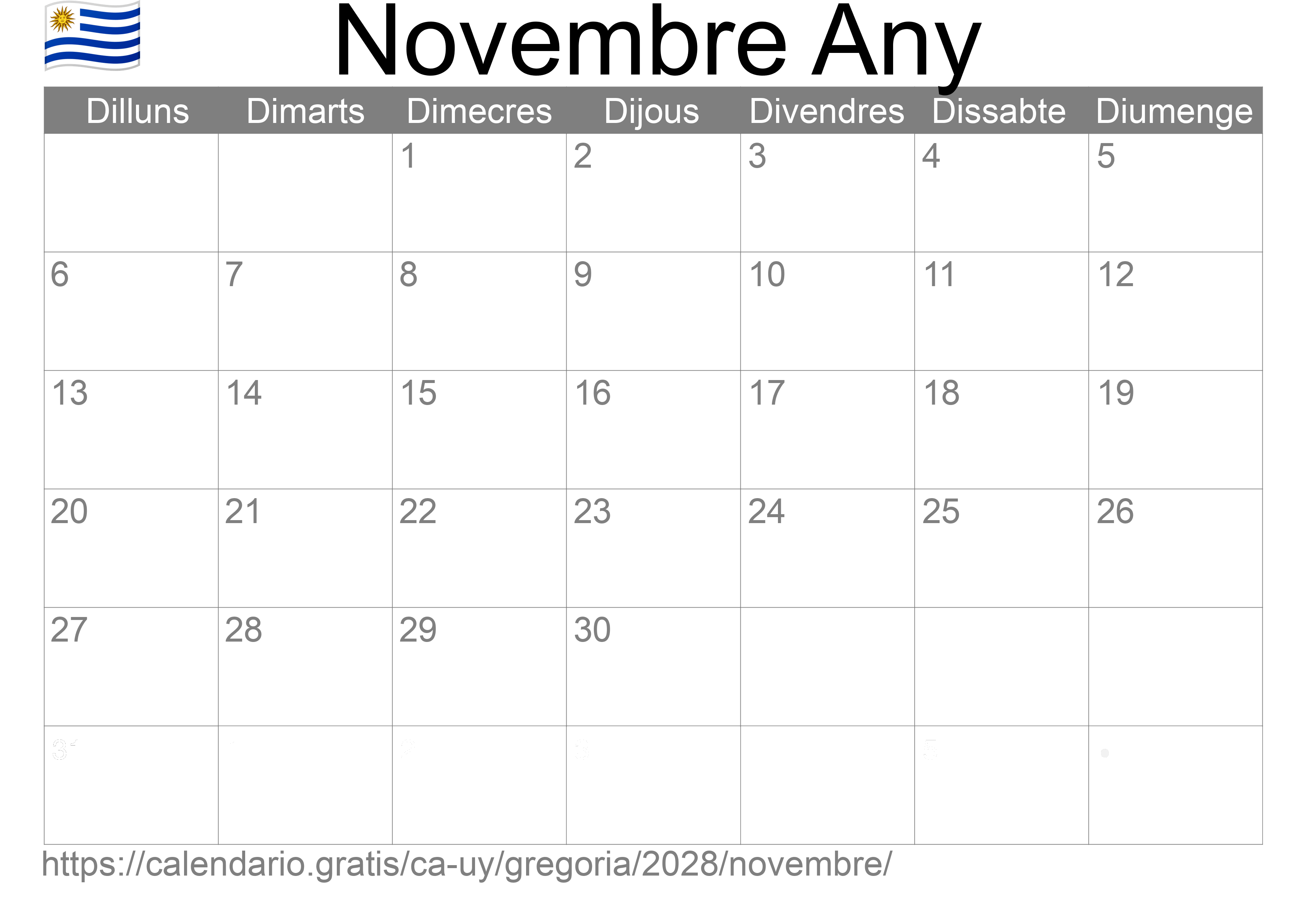 Calendari Novembre 2028 per imprimir