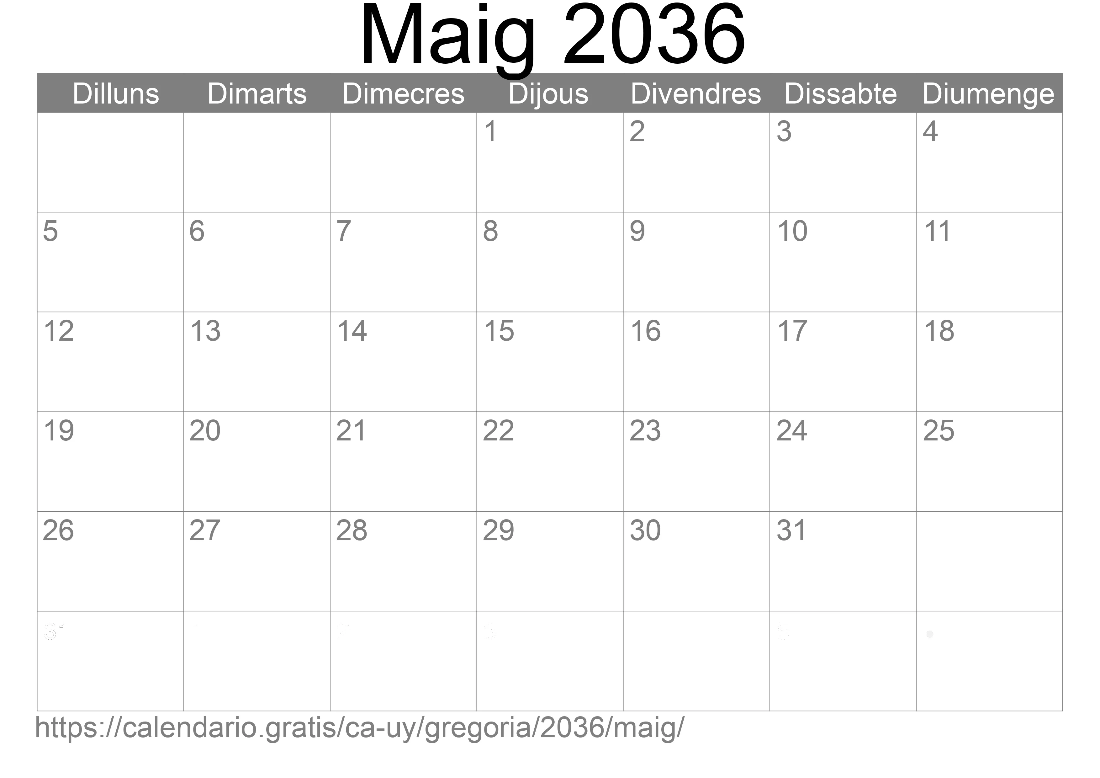 Calendari Maig 2036 per imprimir (Uruguai)
