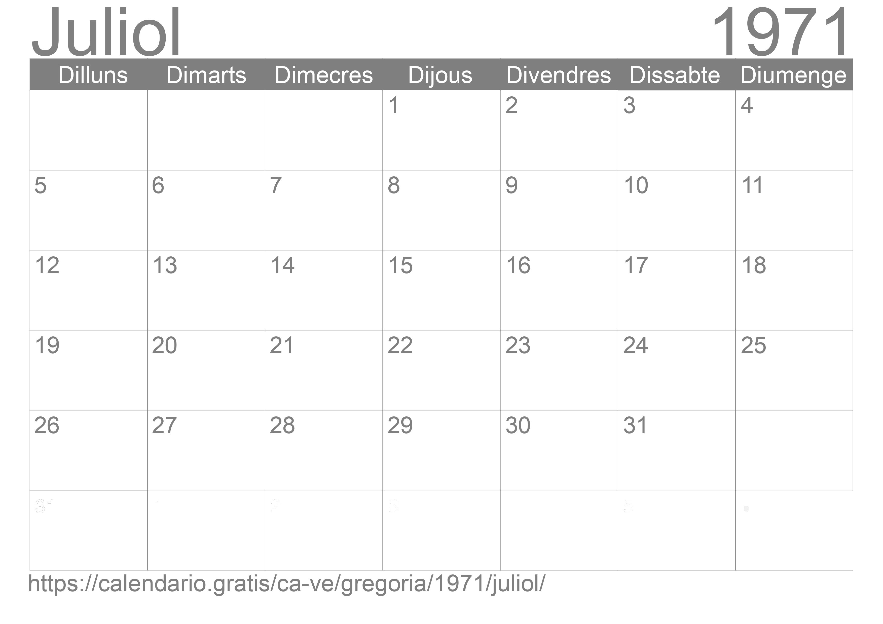 Calendari Juliol 1971 per imprimir