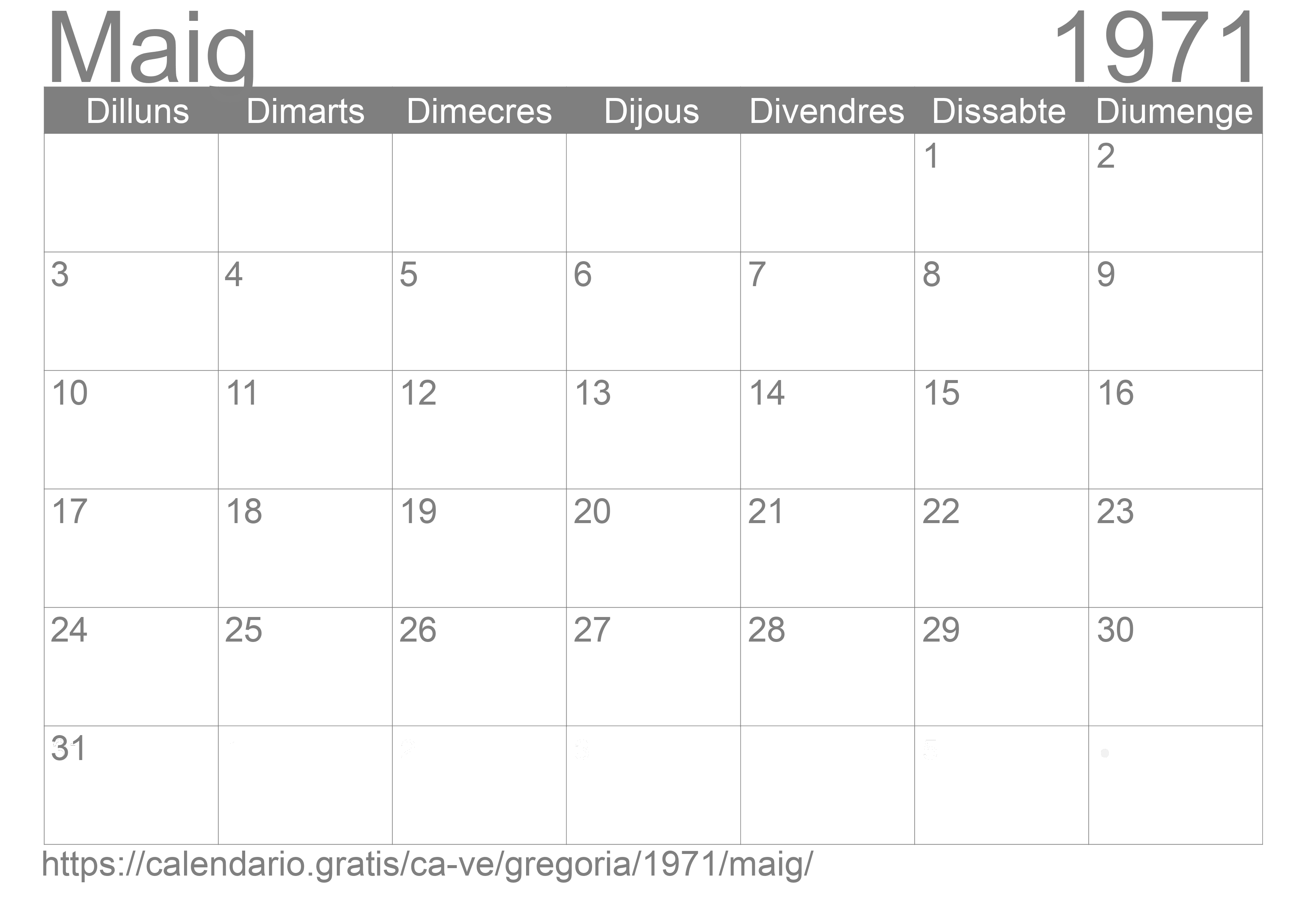 Calendari Maig 1971 per imprimir