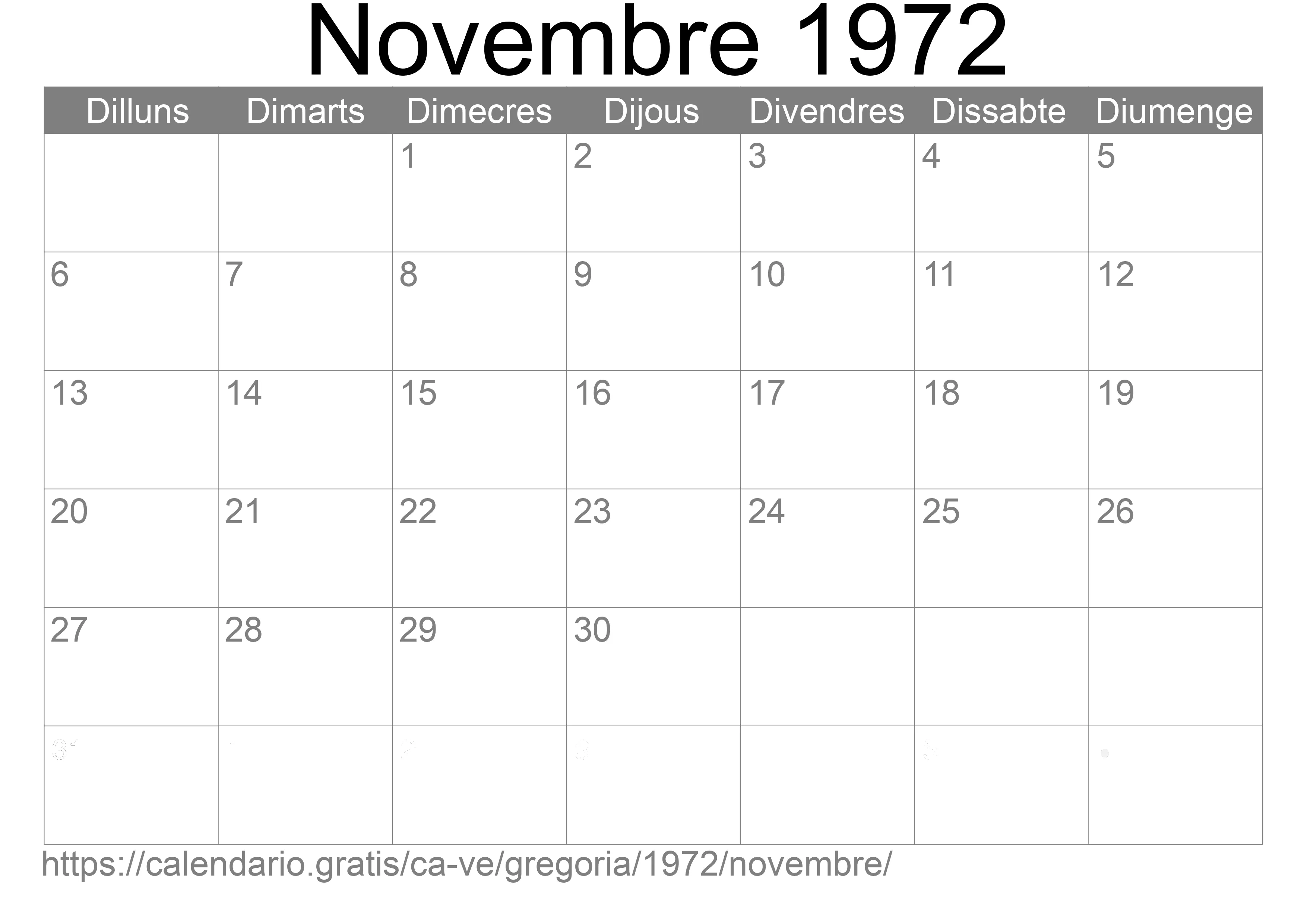 Calendari Novembre 1972 per imprimir (Veneçuela)