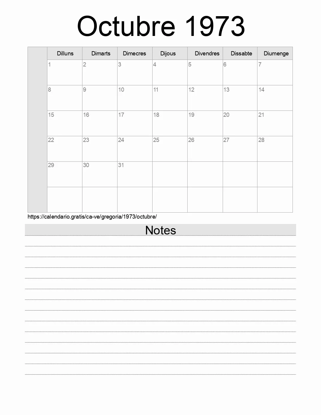 Calendari de Octubre 1973 per imprimir amb notes. (Veneçuela)