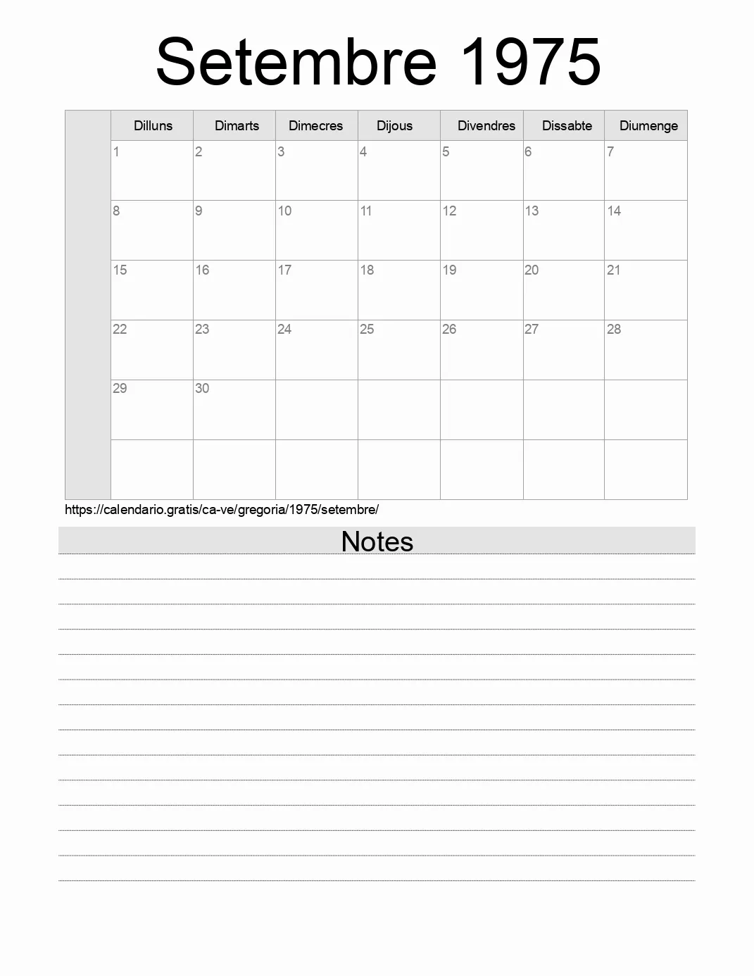 Calendari de Setembre 1975 per imprimir amb notes. (Veneçuela)