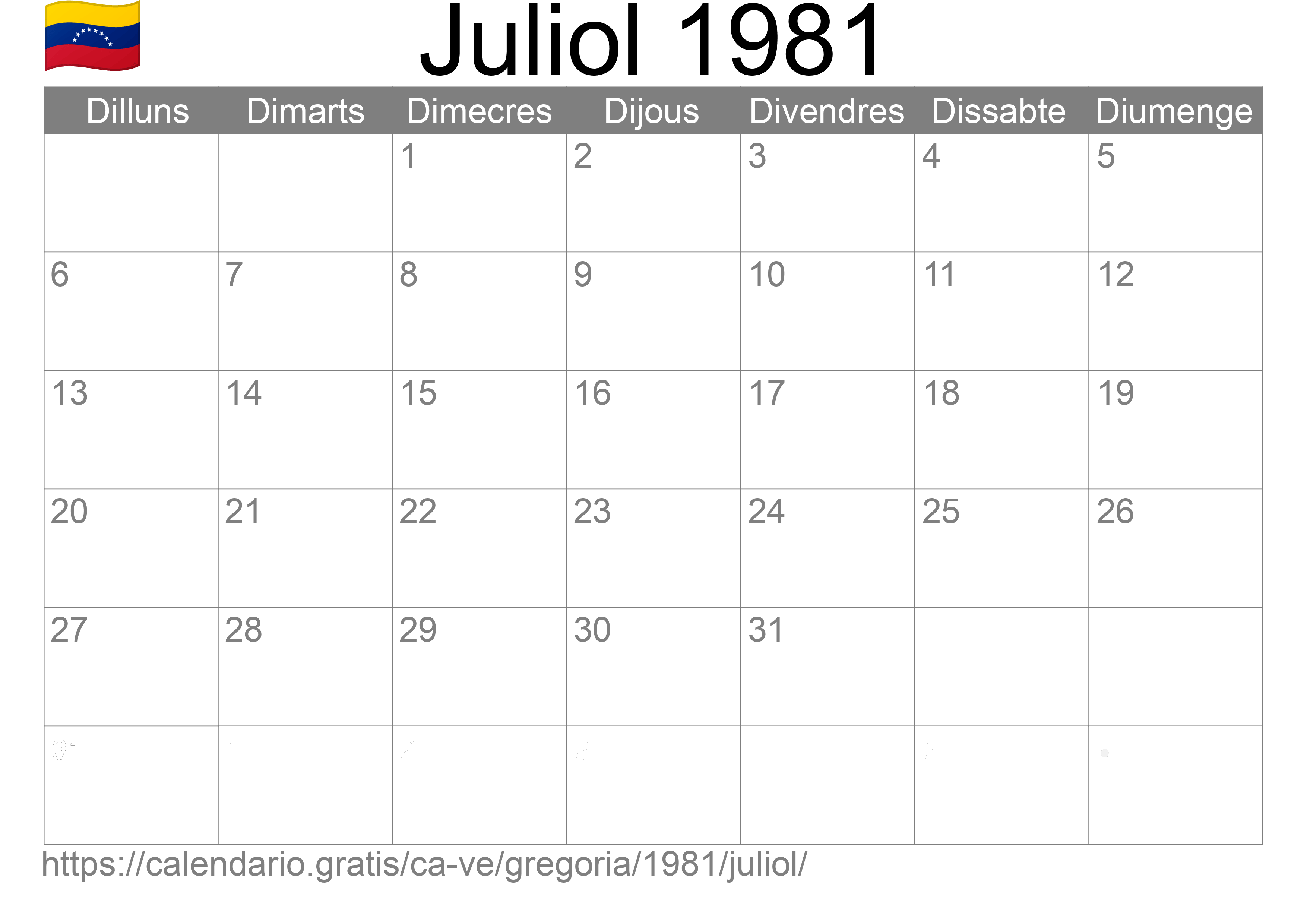 Calendari Juliol 1981 per imprimir