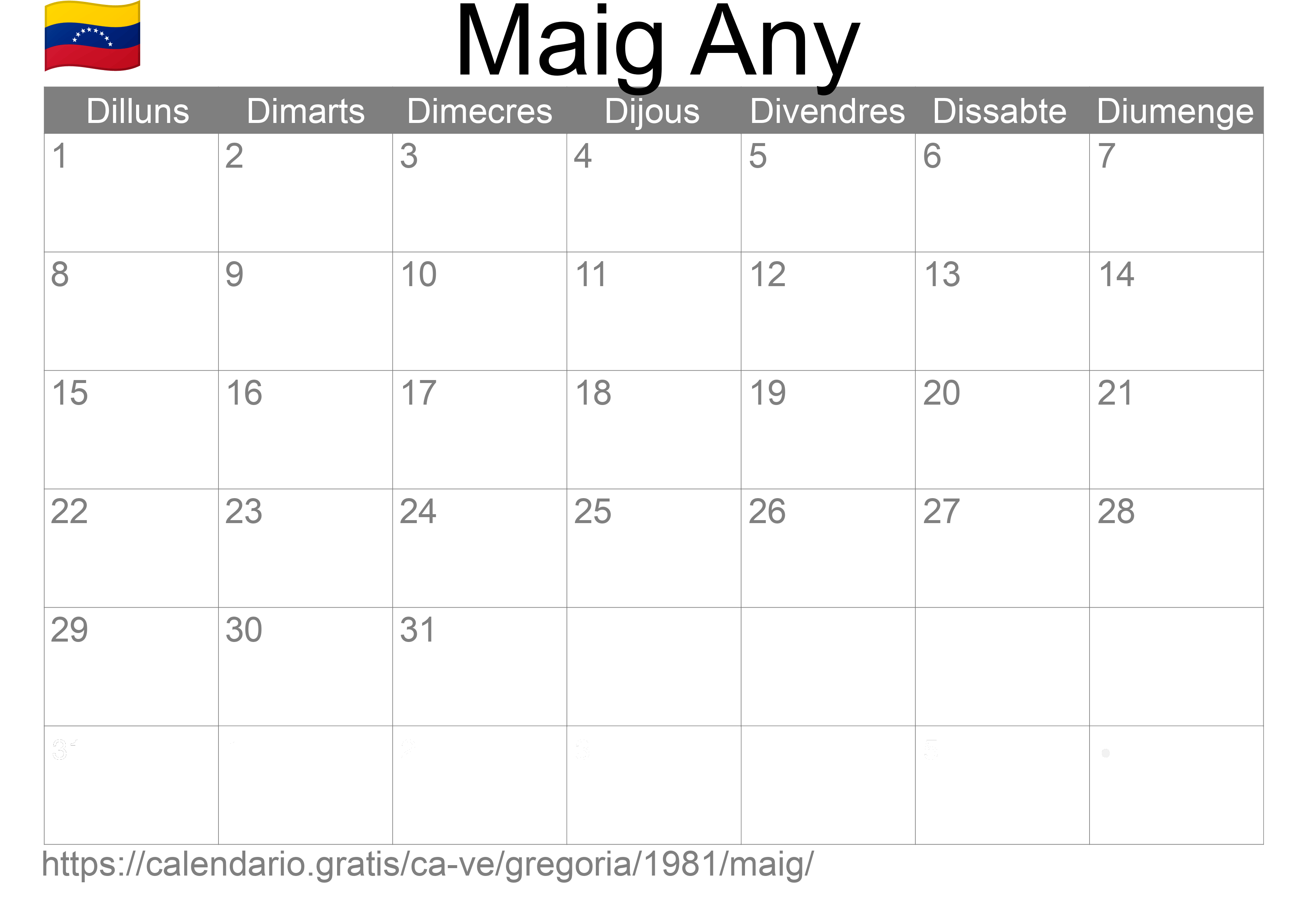 Calendari Maig 1981 per imprimir